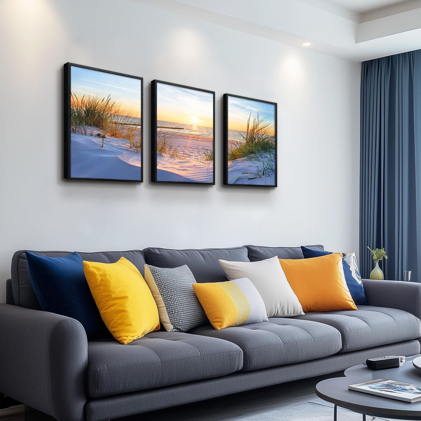 Black Framed Beach Wall Art Set - Blue Seascape Paintings for Living Room, Bedroom & Office - 12"X16" Each