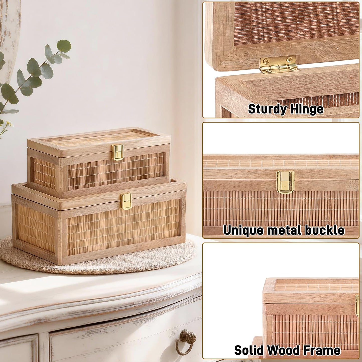 HuiDao Natural Bamboo Decorative Box with Lids, Unique Decorative Boxes Set of 2, Boho Wedding Keepsake Box, Memory Box with Lid for Crafts, trinkets and Photo Storage
