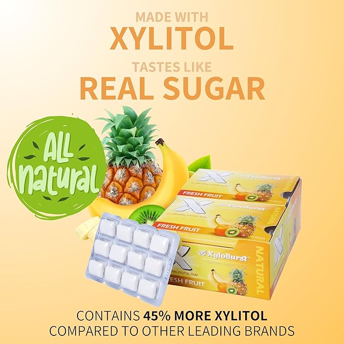 XyloBurst Gum | Xylitol Chewing Gum | Sugar Free, Gluten Free, Keto Friendly | Aspartame Free Gum For Oral Health | Fruit | 12 Pieces, Pack of 12