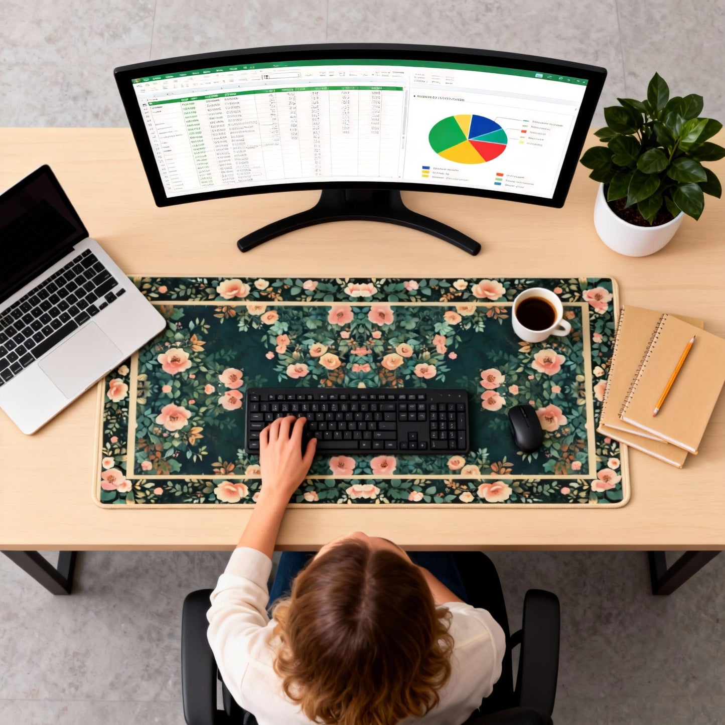 Floral Aesthetic Rose Gaming Mouse Pad, Forest Green Rug Desk Mat with Anti-Slip Base & Stitched Edges,35.4" x 15.7" in Table Mat for Computer Desktop, Beautiful Workstation Decor
