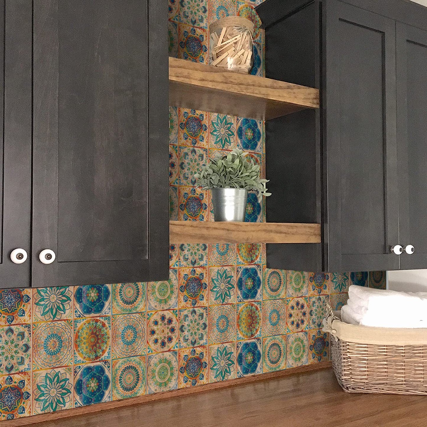 24 Pcs Mandala Style Tile Stickers, Peel and Stick Backsplash Tile Decals for Kitchen Bathroom Wall Furniture (Yellow, 6x6in)