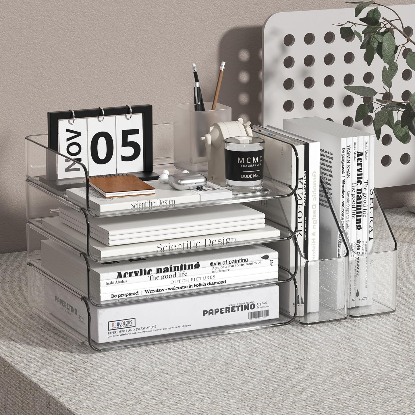 FANXIYQ 4-Tier Horizontal Acrylic Paper Tray Organizer with Bookends | Clear Stackable Desk Organizer for Documents, Letters, A4 Paper | Modern Office/Classroom/Home Organization