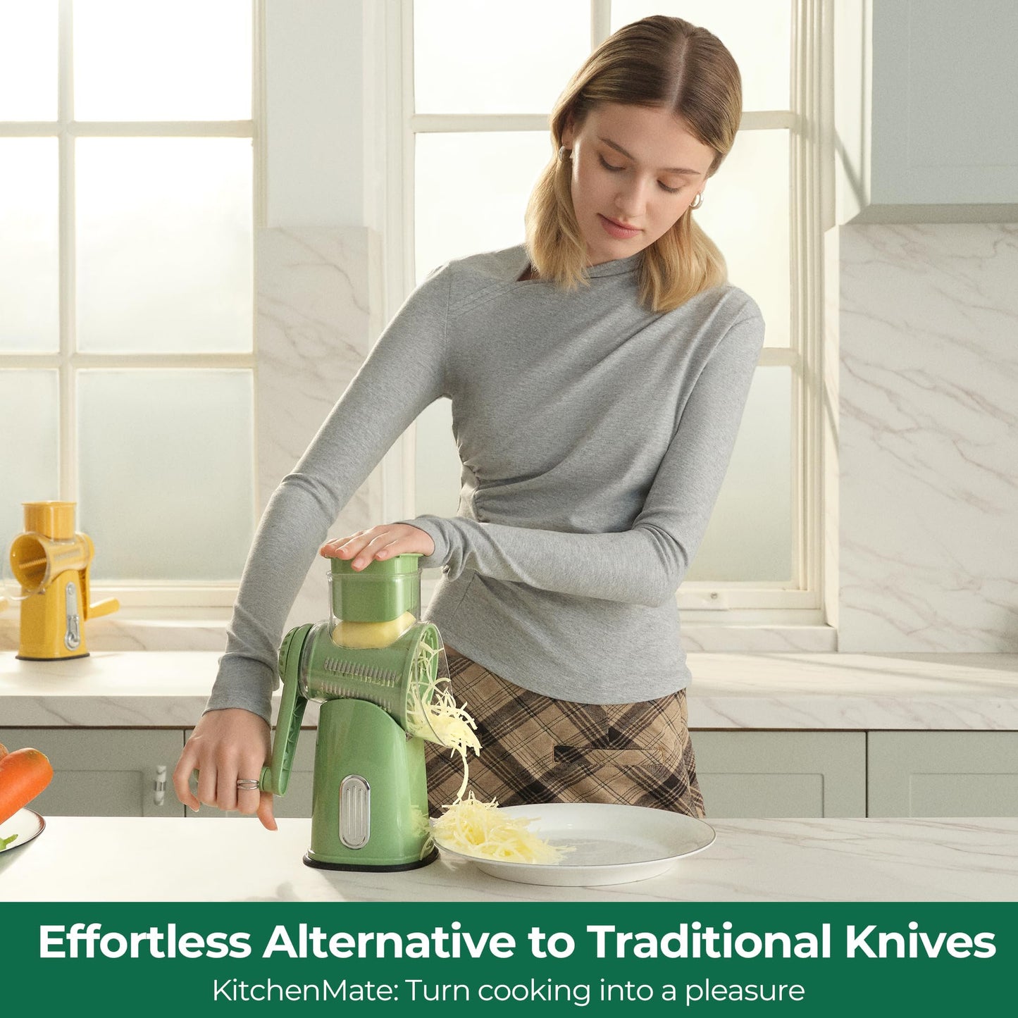 SUSTEAS Rotary Cheese Grater with Handle - Vegetable Shredder with 5 Well-designed Blades & Strong Suction Base,Round Mandoline Slicer & Food Chopper for Kitchen,with Blade Storage Box(Retro Green)