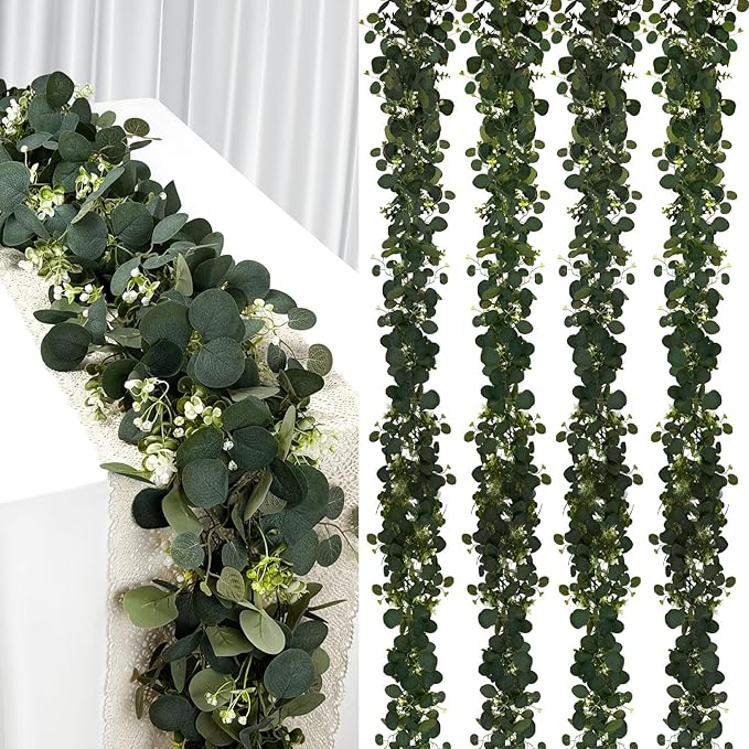 Eucalyptus Garland, 4Pcs 6FT Green Flower Garland Decor, Spring Summer Artificial Faux Eucalyptus Leaves Greenery Vines for Table Runner Wedding Arches Mantle Centerpieces Backdrop Decorations