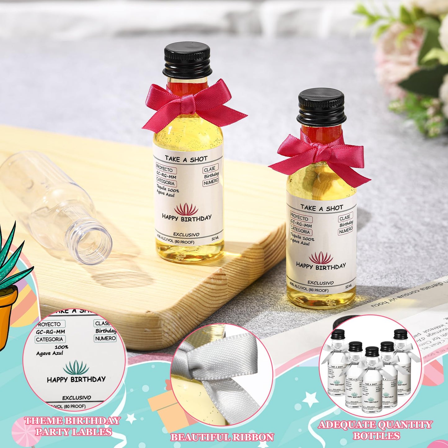 Jingmore 30 Pack 1.7oz Mini Liquor Bottles 50ml Plastic Alcohol Bottle with Cap, Labels, Ribbon for Party Supplies(Birthday,Hotpink)