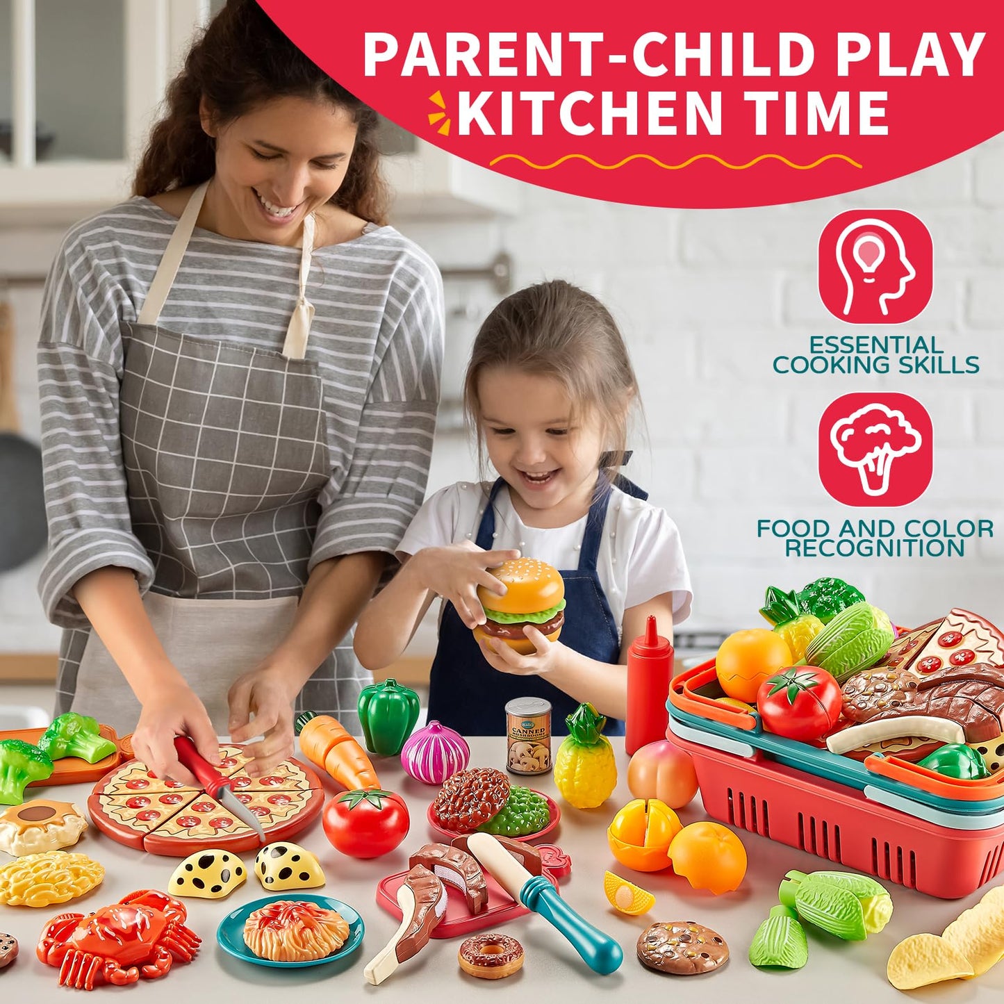 Comirth Play Food Sets for Kids Kitchen-80PC Pretend Food with 2 Kids Picnic Basket, Toy Food with Pizza Toy, Plastic Food Cutting Toys, Play Kitchen Accessories - Fake Food, Boys Girls Toddlers Gifts