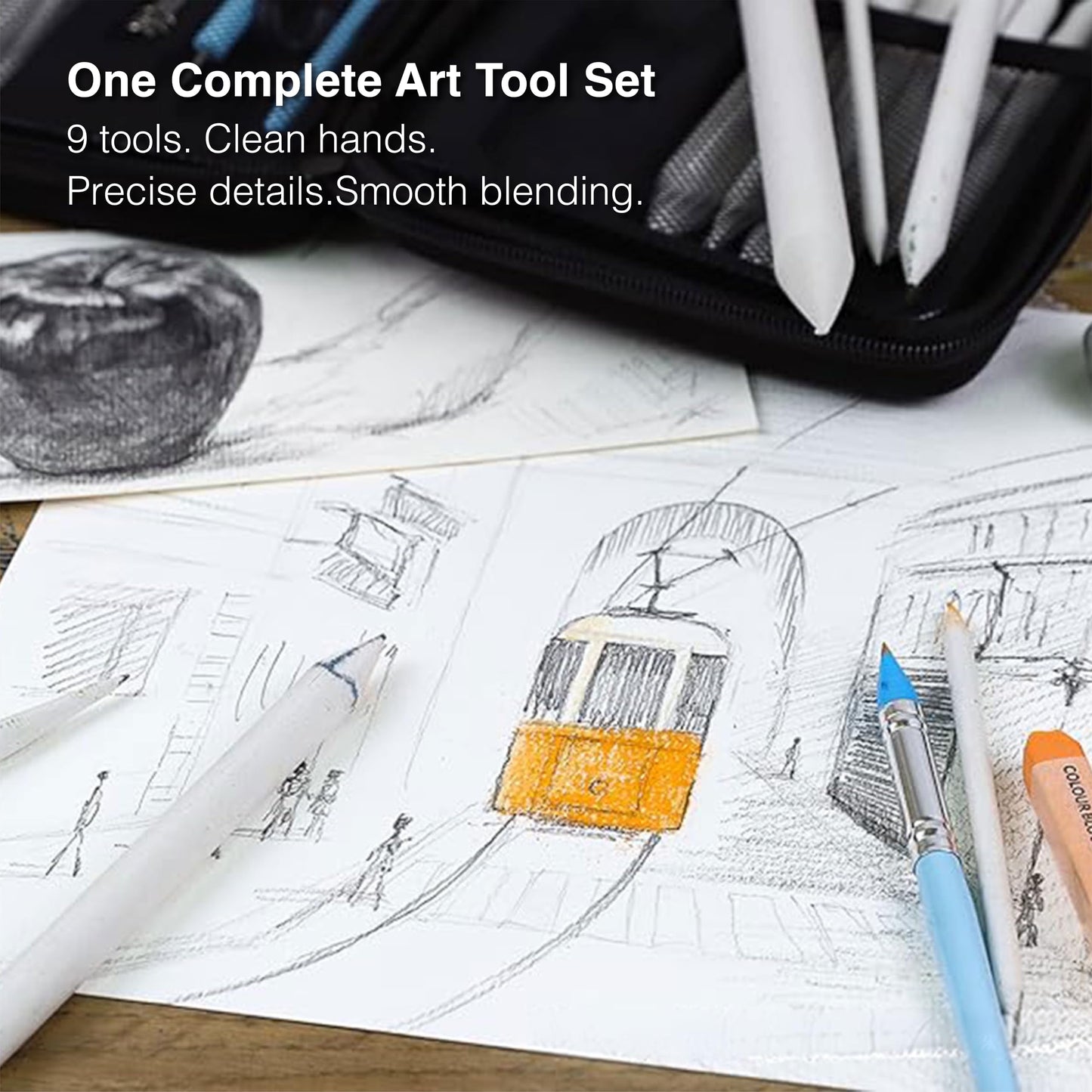 COLOUR BLOCK 30pcs Sketching Tool Set with Soft Pastels Drawing Art Blenders, Blending Stumps, Tortillions, Sandpaper, Sketch Pencil Extender, Rubber Pens