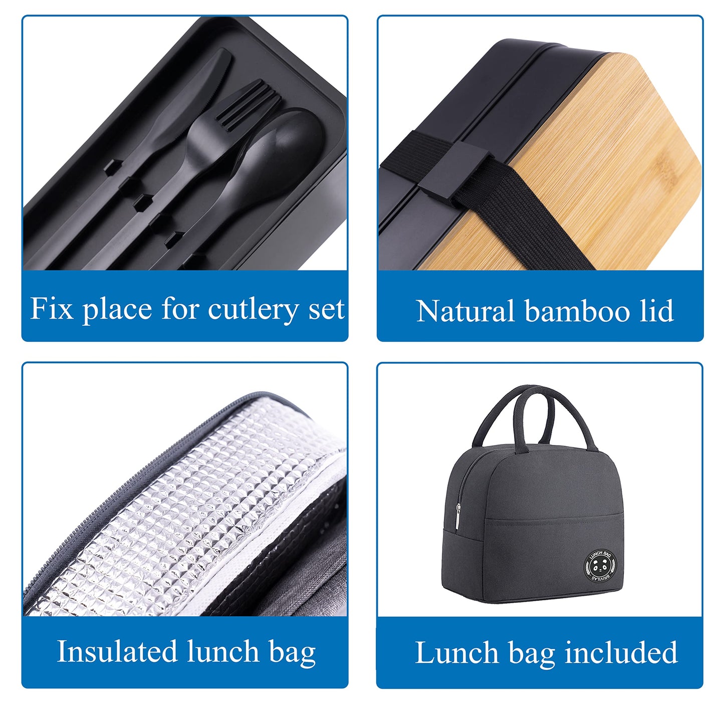 Japanese Bamboo Bento Box with Compartments and Utensils Stackable Lunch Box Includes Lunch Bag for Meal Prep Black