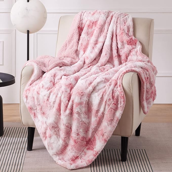Bedsure Sherpa Blanket - Soft, Fuzzy & Fluffy Faux Fur - Warm, Cozy Throw Blanket for Couch, Sofa and Bed, Tie Dye Design, Pink, 50x60 Inches