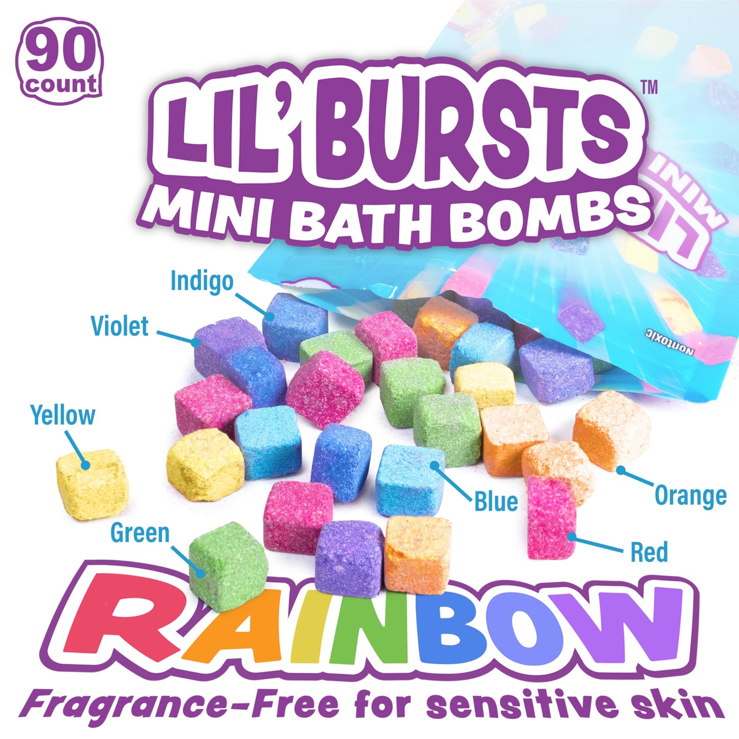 Tub Works® Lil' Bursts™ Mini Bath Bombs for Kids, 90 Count, Rainbow | Nontoxic | Tiny Kids Bath Bombs with A Burst of Color, Foam & Bubbles | Customize Toddler Bath with 7 Colors | Make Bathtub Art