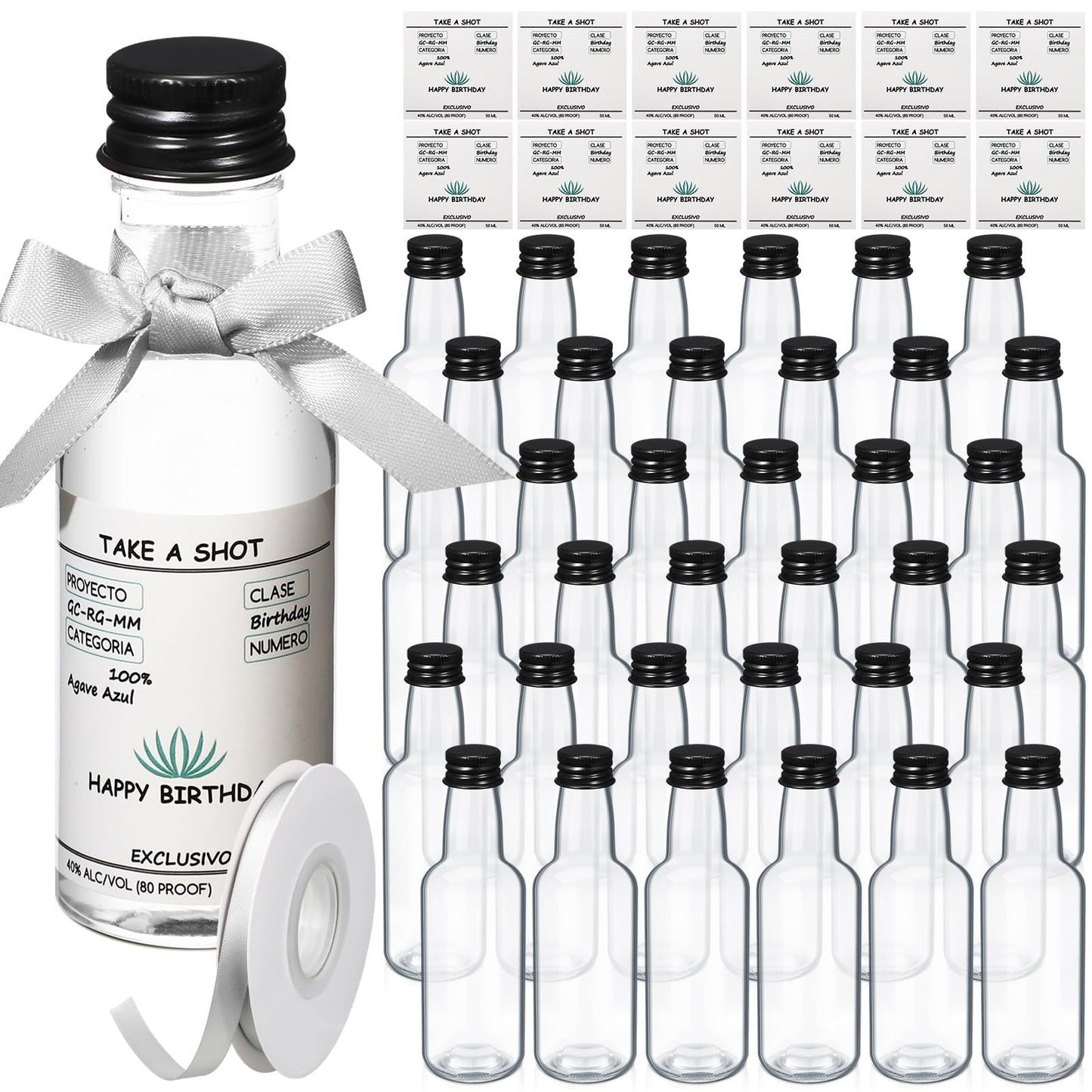Jingmore 30 Pack 1.7oz Mini Liquor Bottles 50ml Plastic Alcohol Bottle with Cap, Labels, Ribbon for Party Supplies(Birthday,Turquoise)