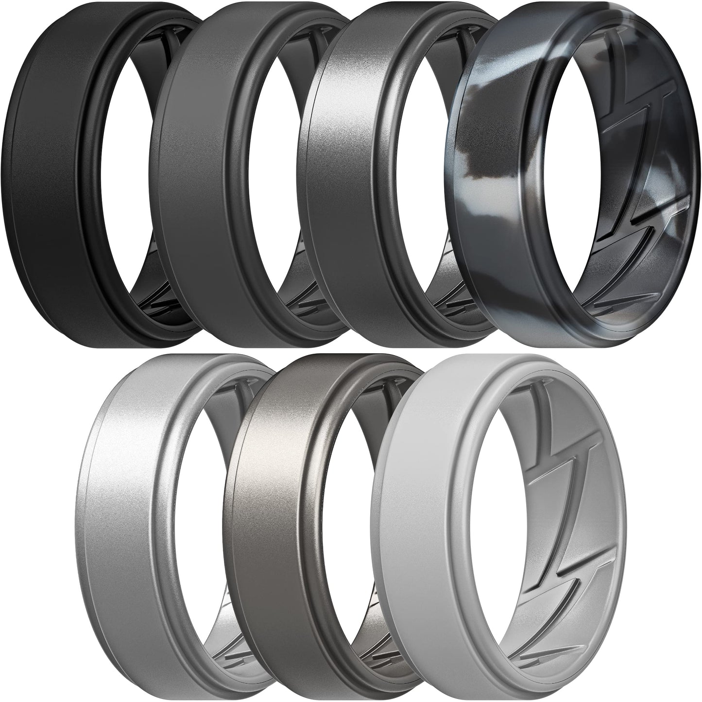 ThunderFit Silicone Wedding Rings for Men Breathable Airflow Inner Grooves, Step Edge Sleek Design Rubber Engagement Bands 8mm Wide 2mm Thick, Variety Multipack 1-7