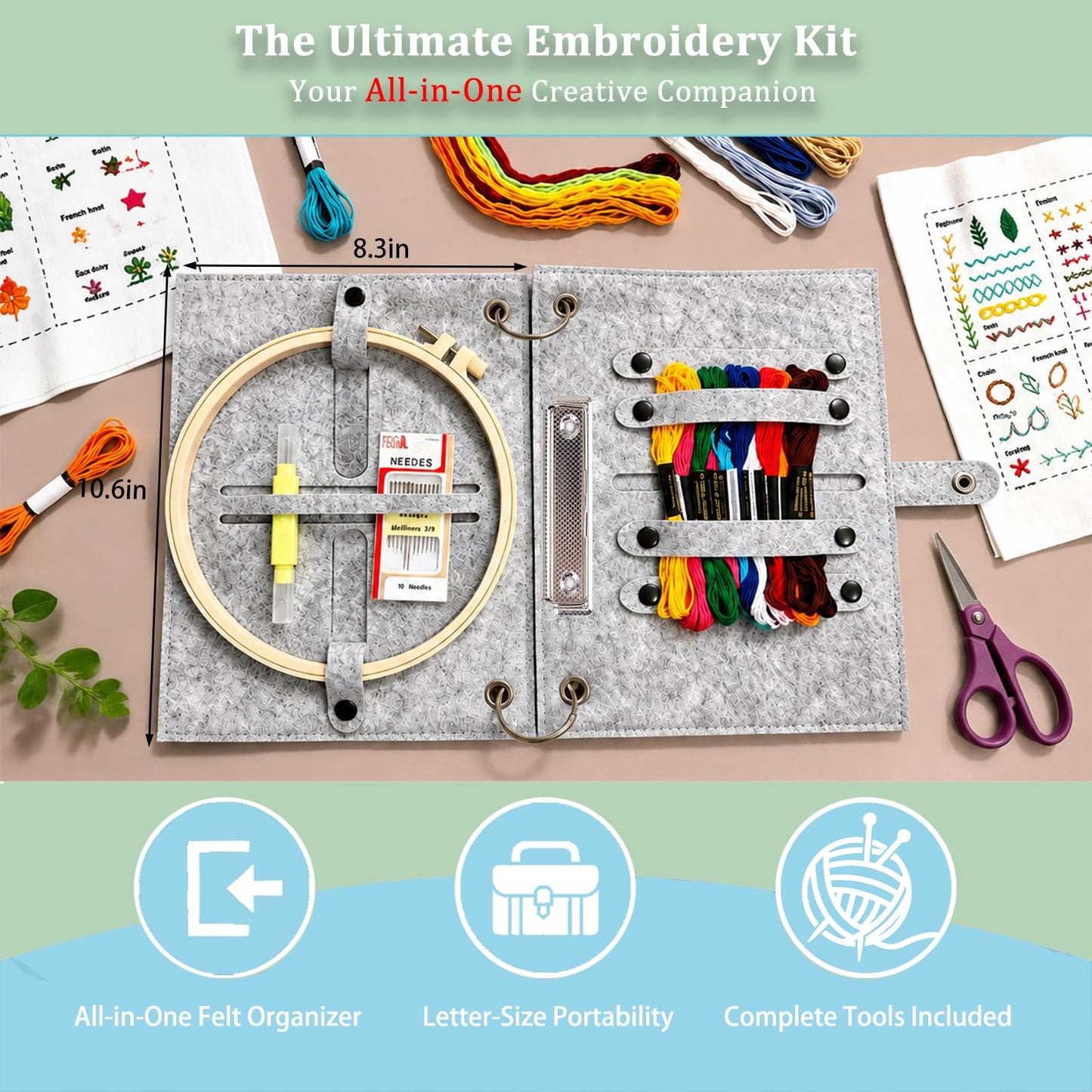 NBNQ Embroidery Stitch Book Kit for Beginners with Portable 10.65"x8.27" Loose-Leaf Cover, Includes 6 Fabric Pages, Complete Toolkit, Instructions and Videos.