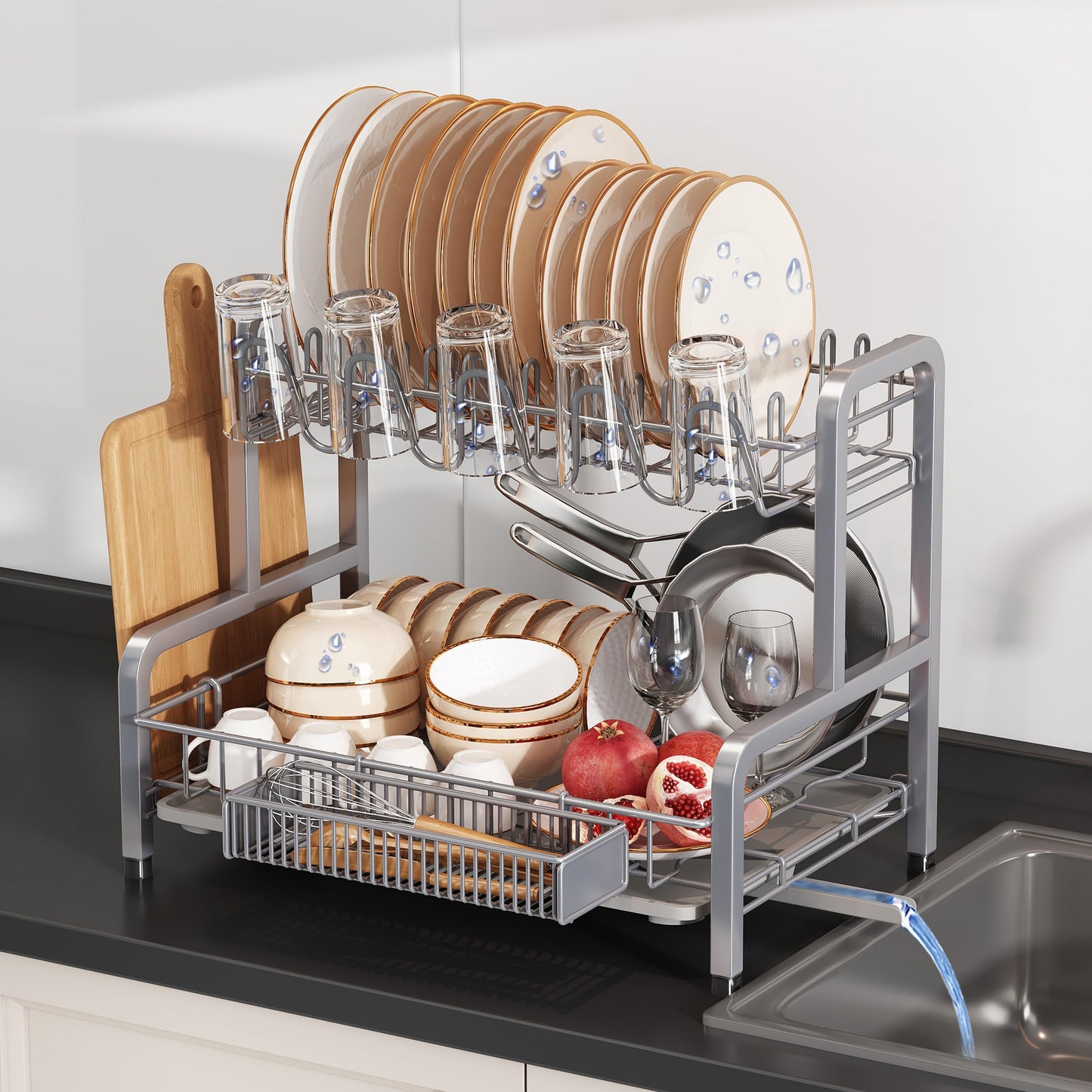 2 Tier Dish Drainer Drying Rack for Kitchen Counter, Large Stainless Steel Dishes Dryer with Drainboard, Space Saving, Big Rustproof Metal Modern Countertop Plates Strainer with Utensil Holder, Sliver