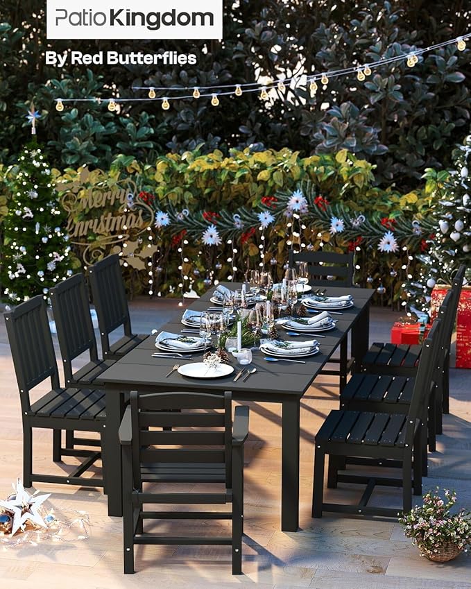 5-Piece Black Outdoor Dining Set with White 15FT Large Patio Umbrella, 75.2'' HDPE Table & Chairs for 8, Weather-Resistant Furniture with Umbrella Hole for Patio, Lawn, Poolside