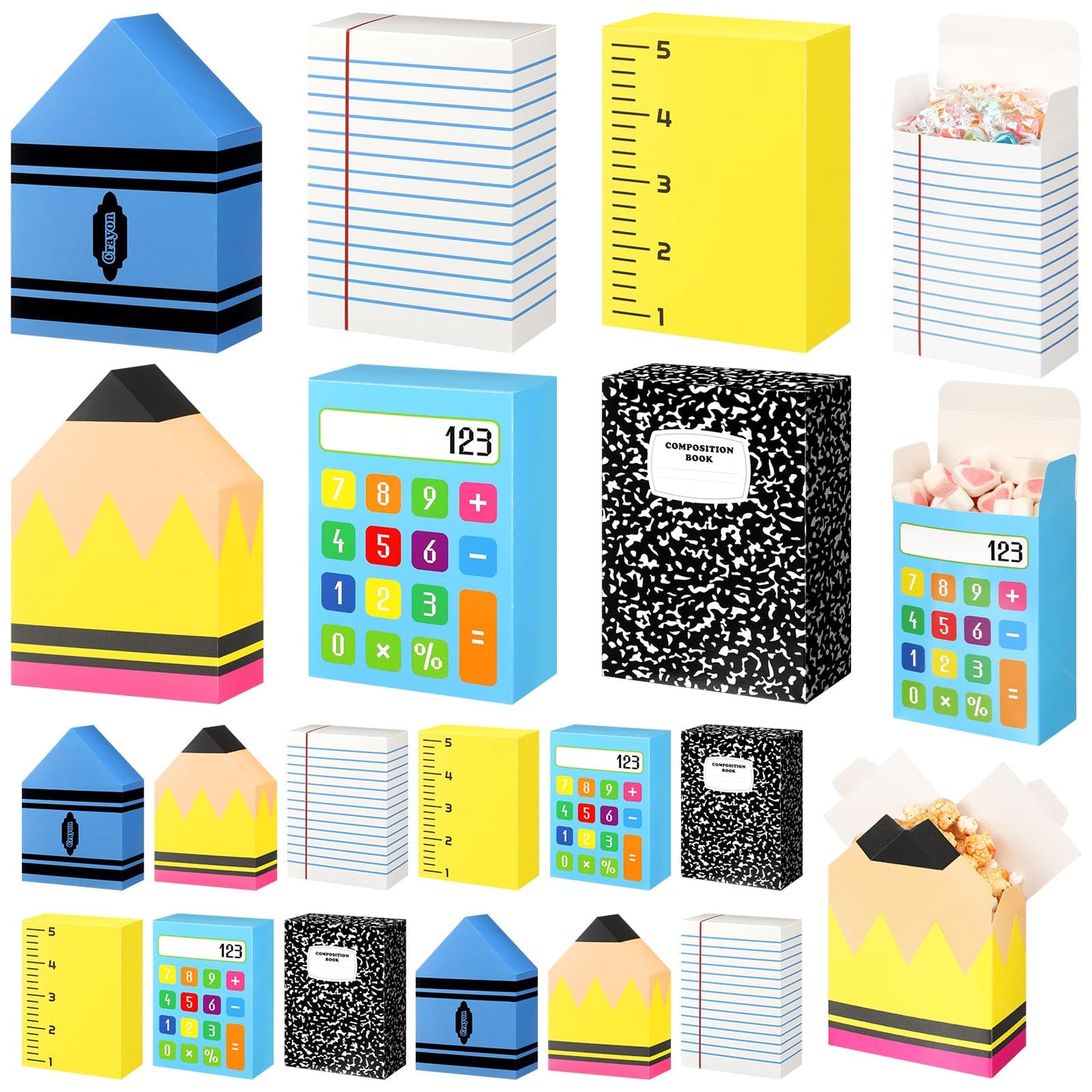 AmazingSpark 24 Pcs Teacher Gifts Boxes School Classroom Pencil Crayon Treat Boxes Composition Notebook Calculator Candy Holder Bags for Teachers Day Preschool Kindergarten Welcome Classroom Decor