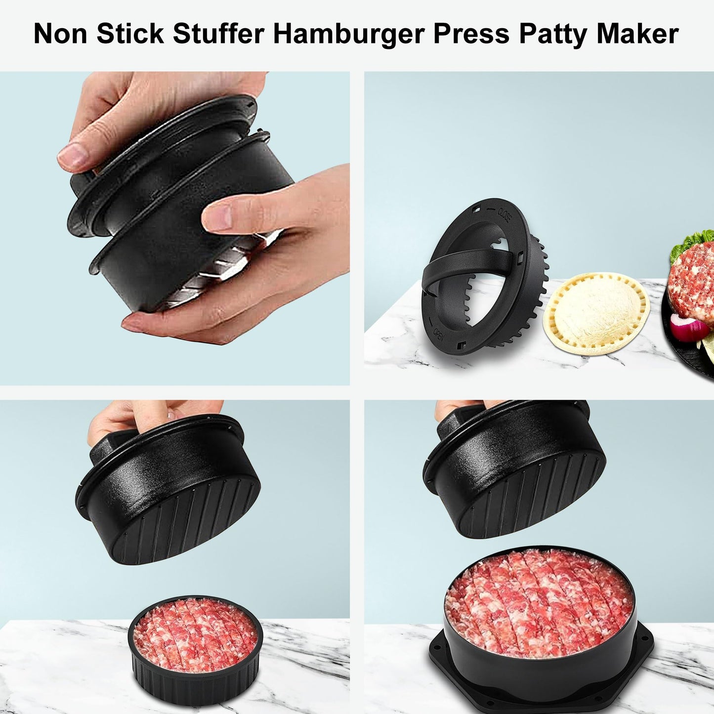 POLIGO Smash Burger Press Kit - 4 in 1 Hamburger Patty Storage Containers, 6.69" Cast Iron Smash Bacon Press - Non Stick Smash Burger Press Set for Grill and Griddle Cooking, Black Round