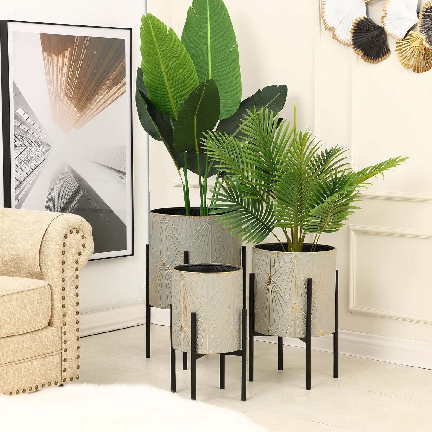 LuxenHome Planters for Indoor Plants, Set of 3 Floor Plants Pots with Stands, Modern Decorative Metal Flower Pots, Green Gray Cachepot Planters,10.5", 12", 14" Inch