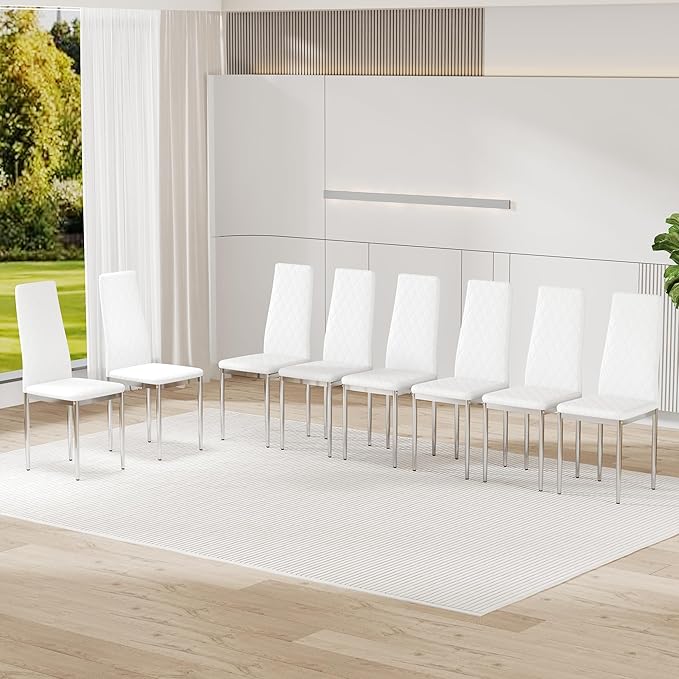 JT Modern Minimalist Dining Chair Fireproof Leather Sprayed Metal Pipe Diamond Grid Pattern Restaurant Home Conference Chair Set of 4 Or 6 (8, White)