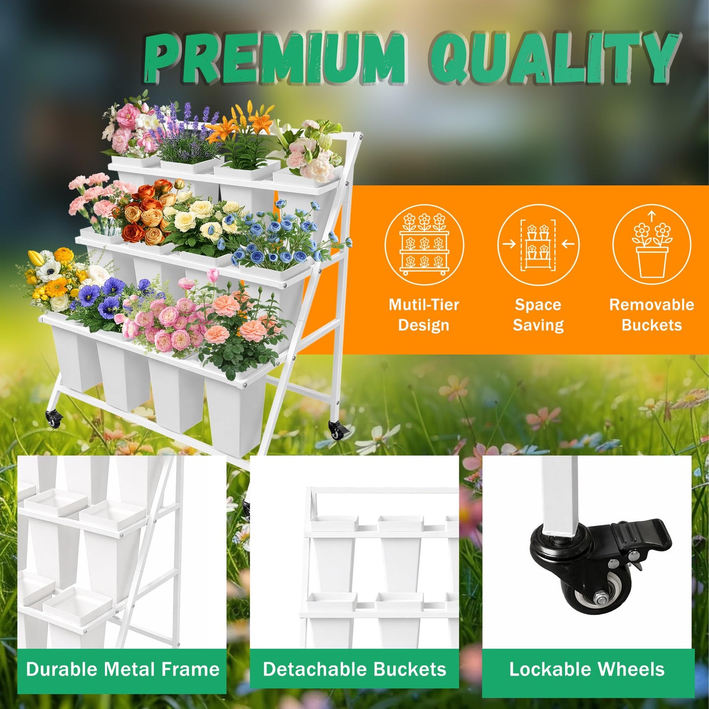 PROLEE Flower Stand with 12 Buckets, Flower Display Stand with Wheels, Flower Cart, Moving Florist Bouquet Shelf, Triangular (White)