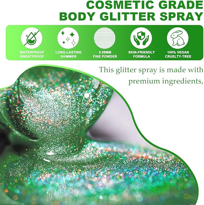 Highlighter Powder Spray, Longwear Glitter Spray for Body, Face, Hair, Shimmer Powder High Gloss Loose Powder Makeup Mist for Festive Party, Stage Shows, Nightclubs, Bar(Green)