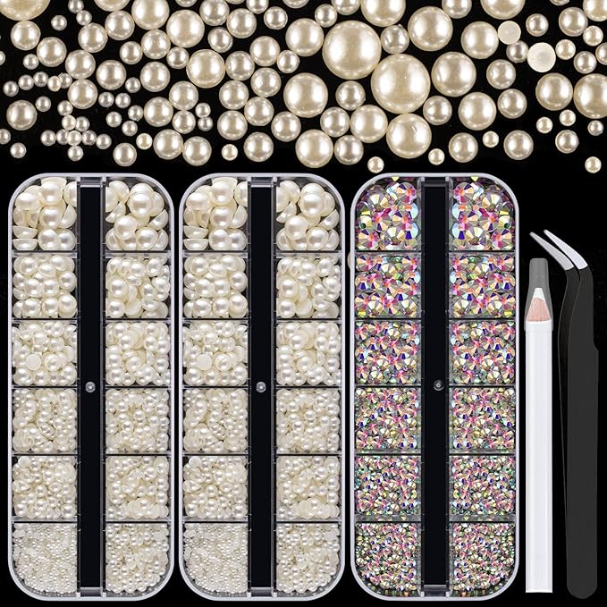 4000PCS Flatback Rhinestones and Half Round Pearls Kit #41, Multi Size Glass AB Crystals, Plastic Flat Back Beige Dome Bead with Pickup Pencil and Tweezer for Nail Art
