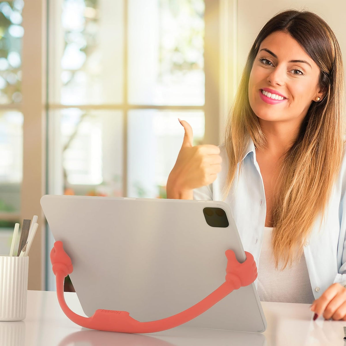 Honsky Thumbs Up Tablet Stand - Universal Cute, Light Red Tablet Holder for Desk