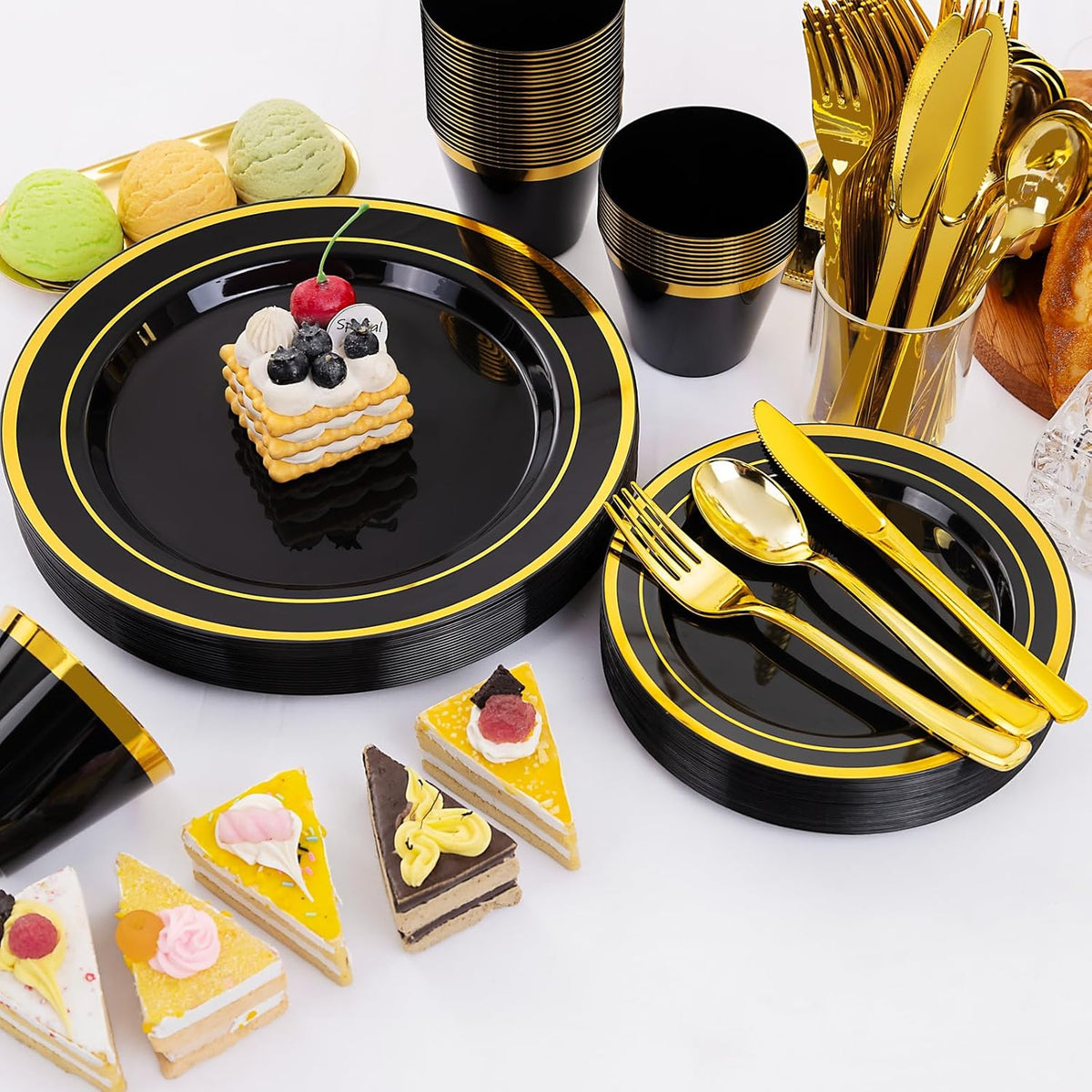 WELLIFE 450 PCS Black and Gold Disposable Dinnerware Set for 75 Guests, Plastic Plates for Party, Gold rimmed Dinner Salad Plates,Cups,Silverware Set for Halloween Party and Celebration