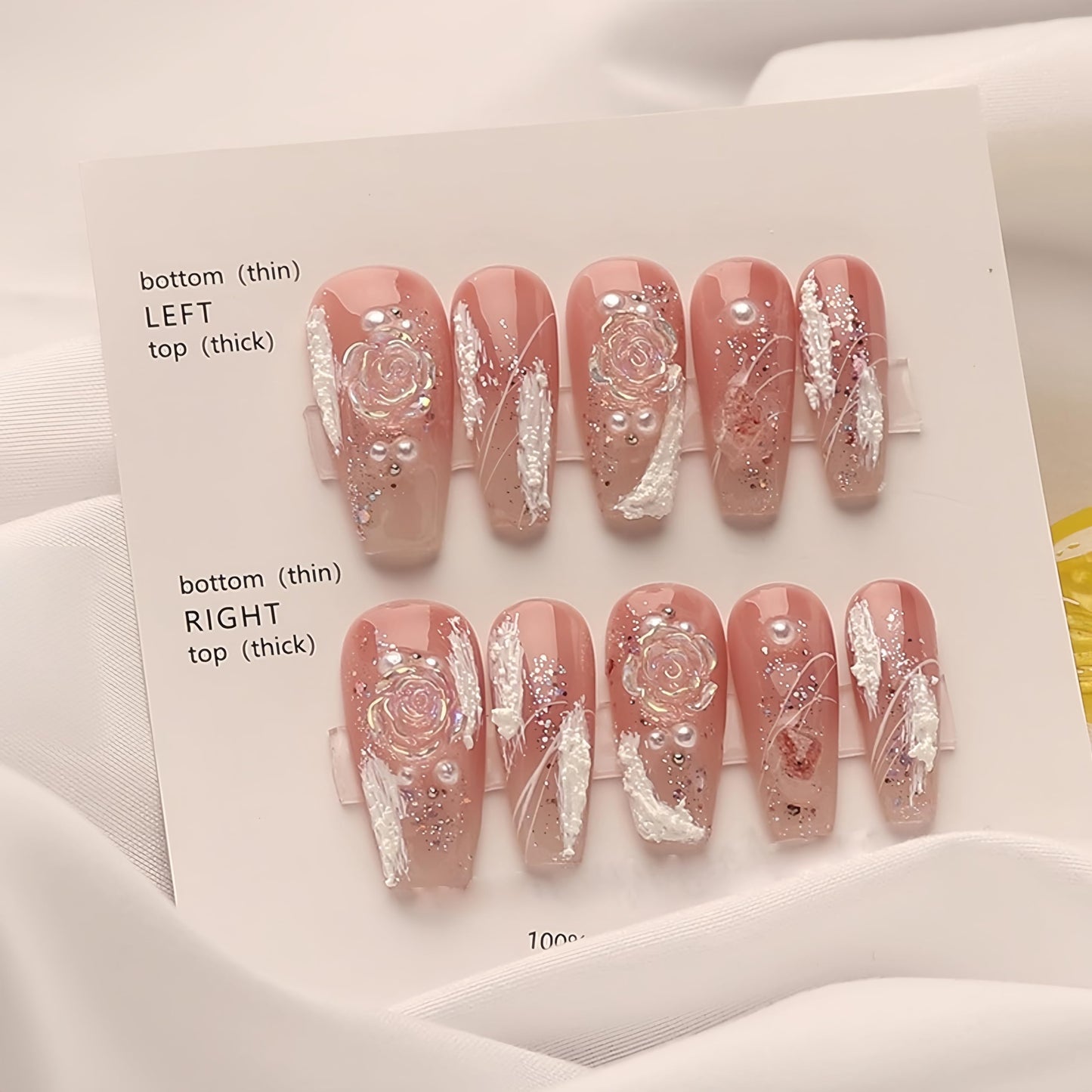 NLSJMP, 10 Nails, Size M, Handmade Long Balerina Press on Nails,Ombre Acrylic Fake Nails Kit,3D Glitter Pearl Design Nail Art Kit,Reusable False nails, Include Toolkit, Camellia