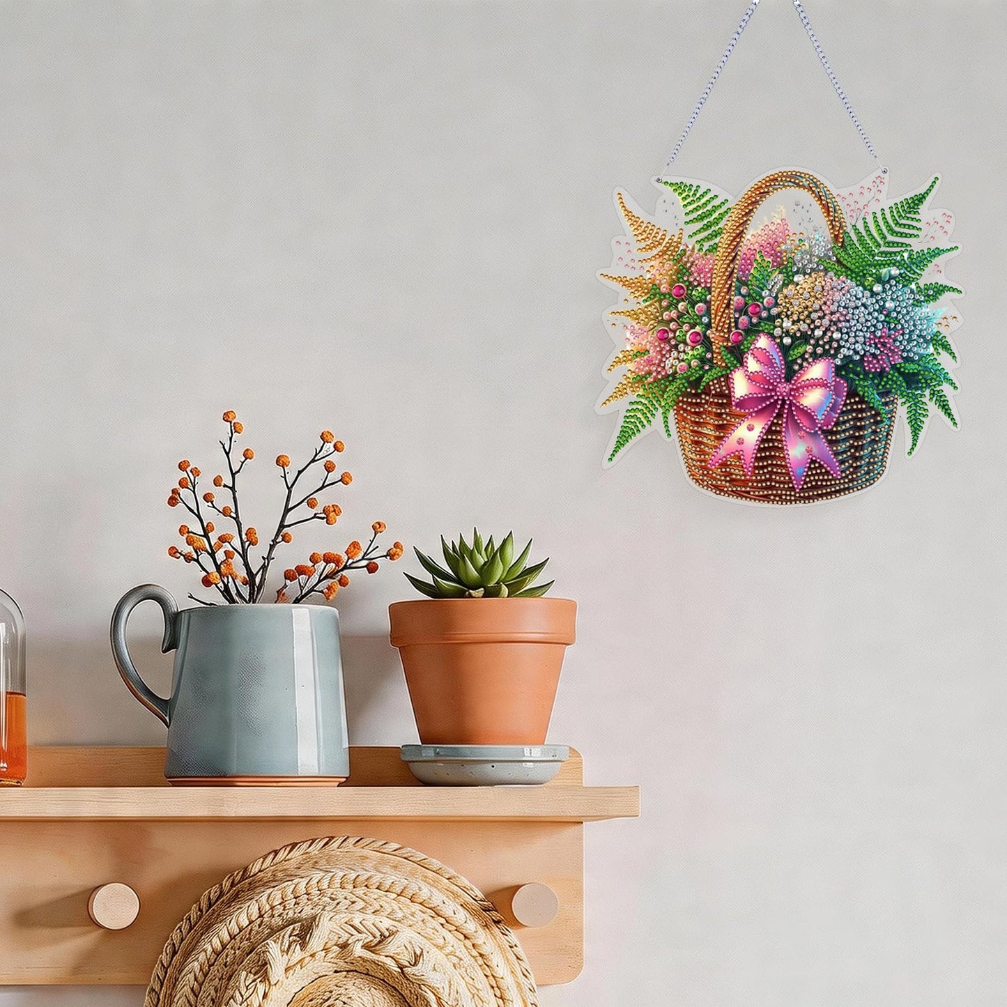 Koikify Hanging Diamond Art Kit for Adults, DIY Flower Basket Diamond Painting Ornament with Gem Painting Front and Printed Back for Home Decor and Gifts