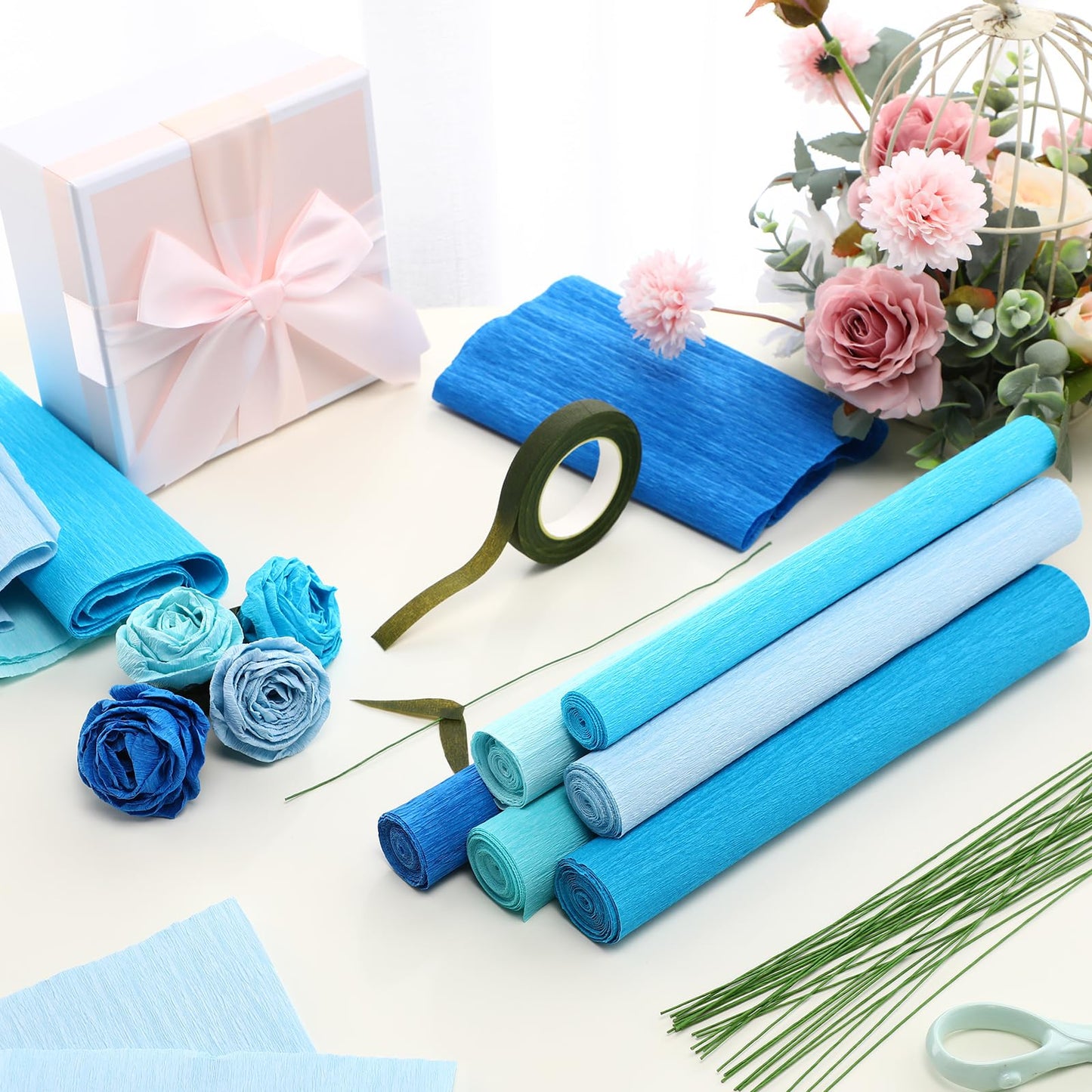Gersoniel 57 Pcs Crepe Paper Flower DIY Kits 6 Rolls 35g Papel Crepe Sheets 50 Pcs Floral Iron Wire 10 Inch x 8 Feet 1 Roll 50 Meter for Birthday Party Wedding(Gradient Blue Series)