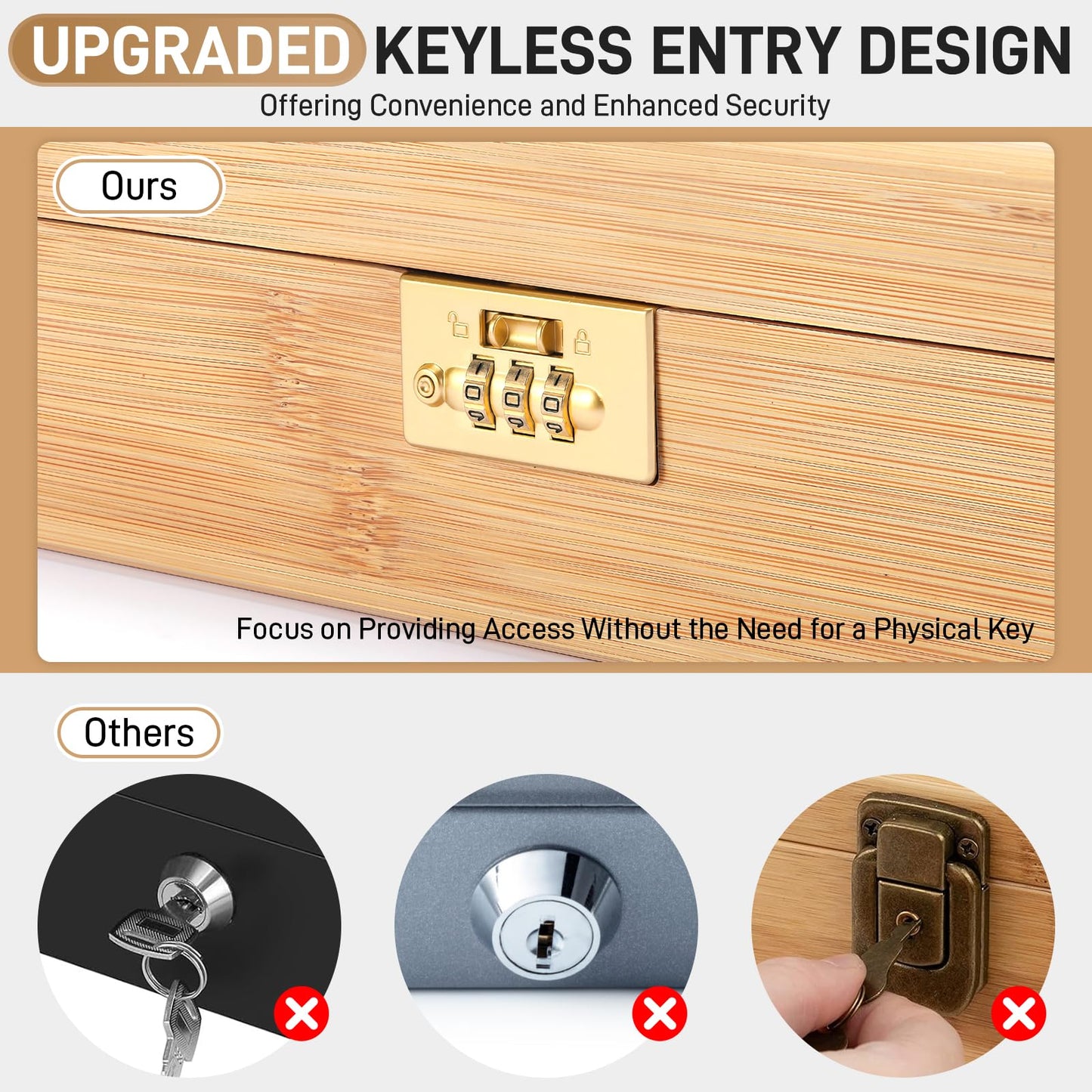 Upgraded Lockable Large Bamboo Knife Storage Box with Magnetic Removable Knife Blocks for Easy, Quick and Safe Culinary Tools Storage, Keyless Kitchen Combination Lock Box, Great Kitchen Gifts
