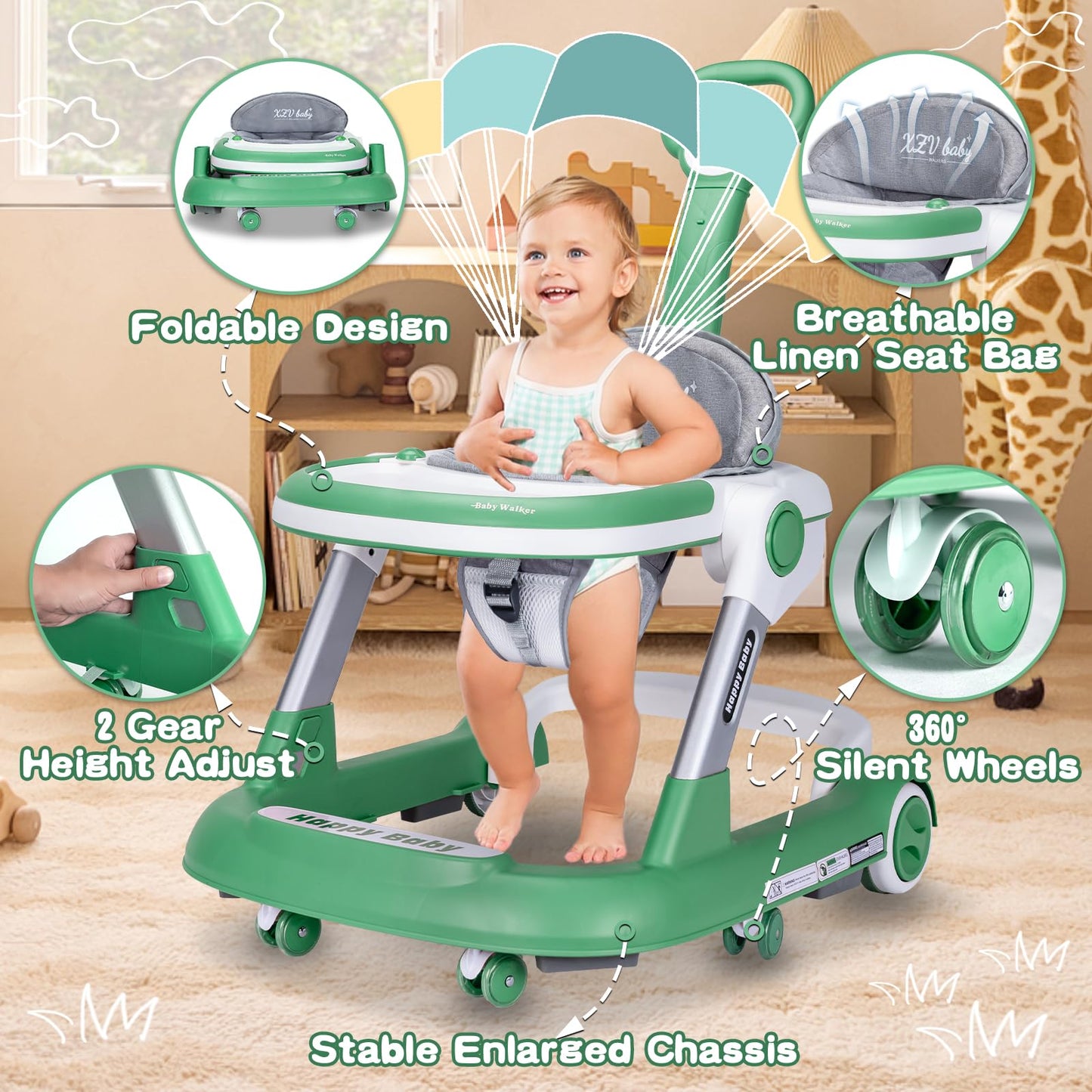 Baby Walker with Wheels 5 in 1 Foldable Activity Center with Mute Wheels Adjustable Heights Anti-Fall Push Walkers for Boys Girls Safe Infant Toddler Walker with Footrest for 6-24 Months