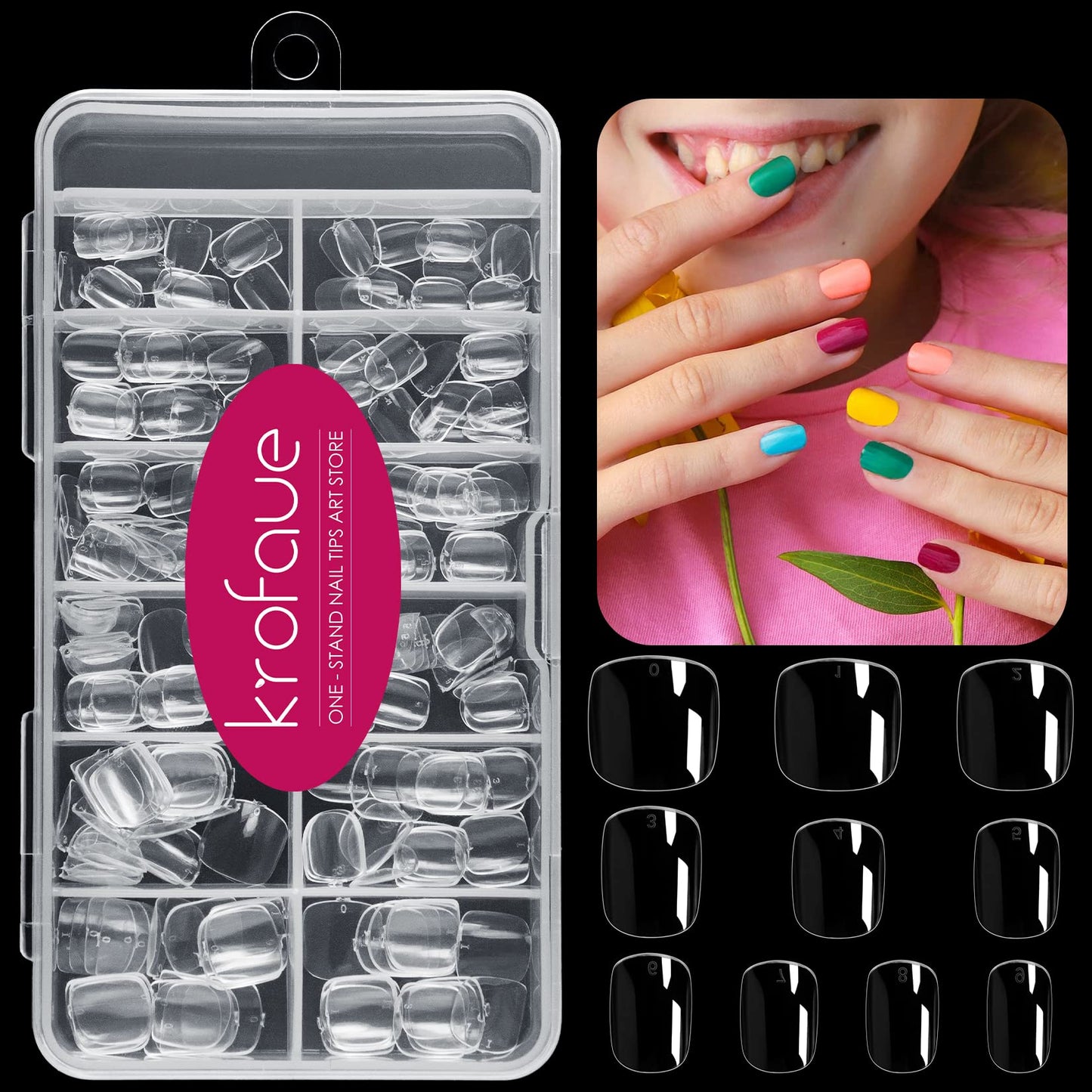 krofaue 500PCS Half Cover False Nails Tips - Acrylic Nail Tips and 240Pcs Kids Short Clear False Nails with Box for Nail Tips Art Salons and Home DIY