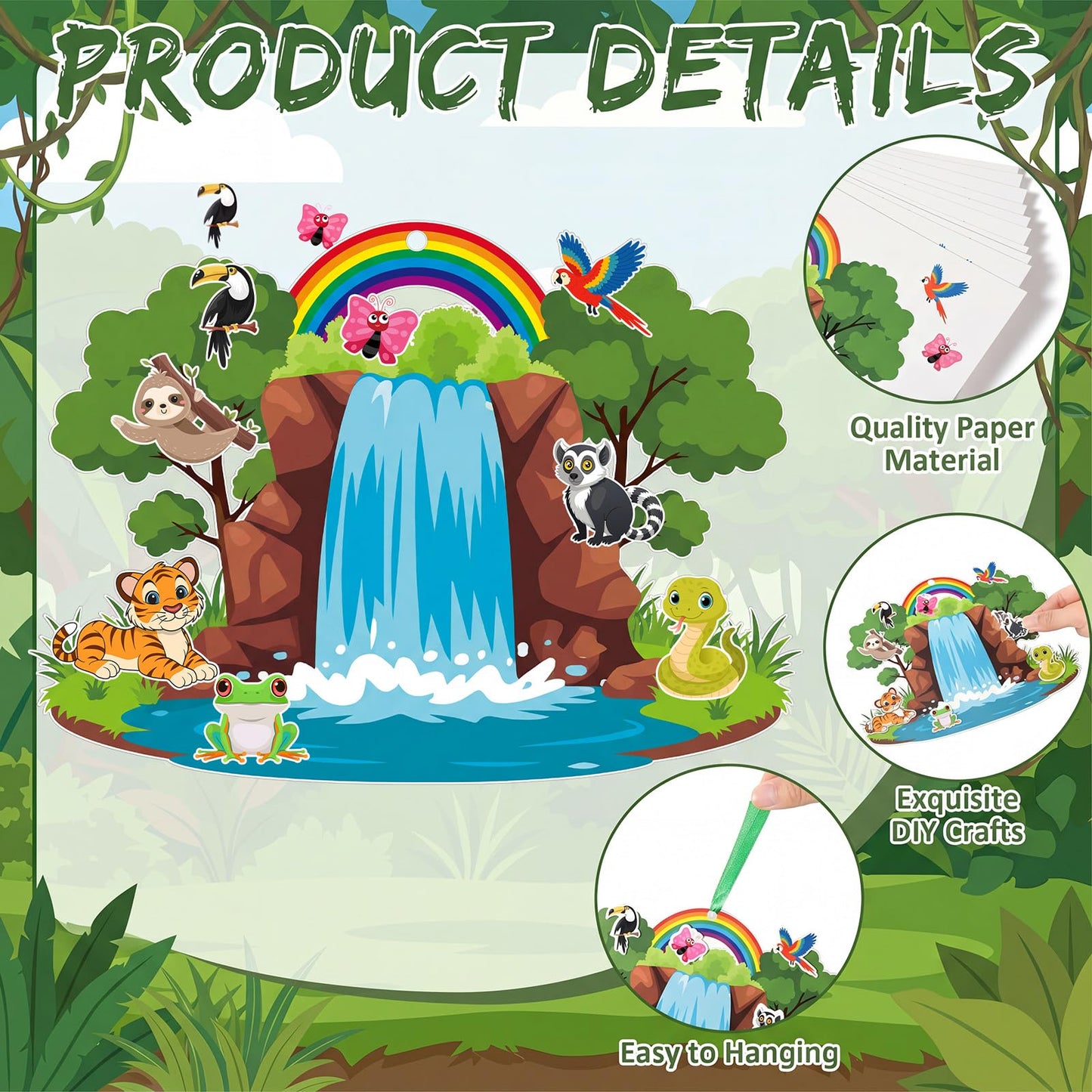 MotiMind 96 Pack Rainforest Fall Animal Craft Kits for Vbs 7.87 Inch Jungle Waterfall Rainbow Scene with Animal Stickers Rainforest Falls Craft Set for Sunday School Church DIY Hanging Decoration