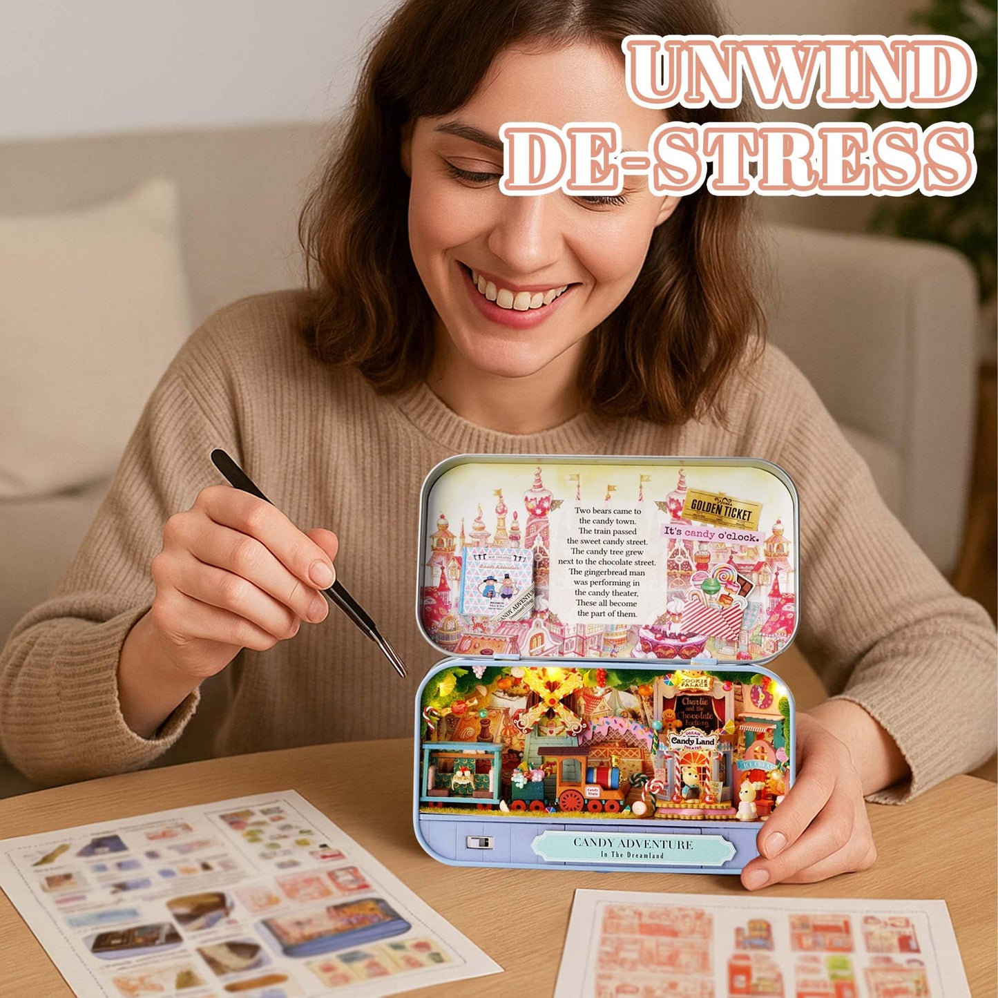 Kisoy Dollhouse Miniature with Furniture Kit, Handmade DIY House Model for Teens Adult Gift (Candy Adventure)