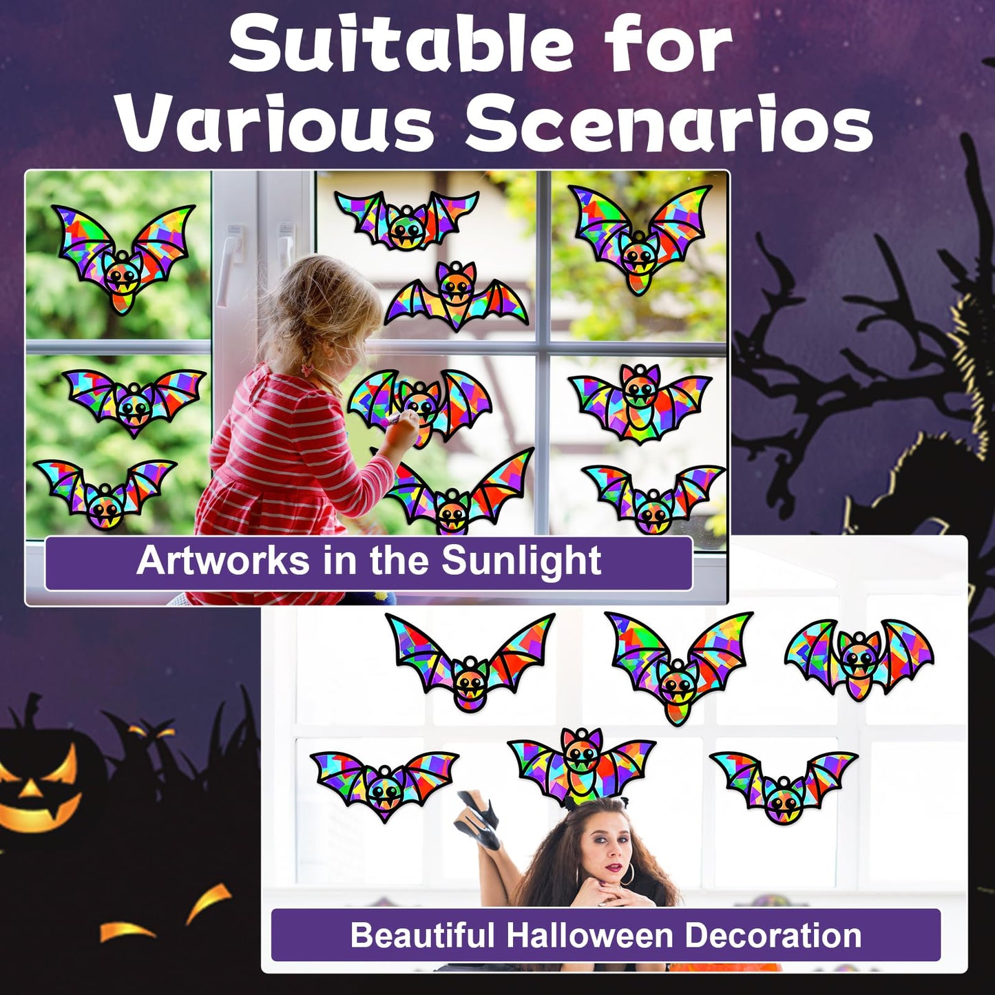 QOUBAI 32 Sets Halloween Bats Suncatchers Craft Kit DIY Window Stained Glass Effect Halloween Bats Paper Crafts Home School Classroom Decoration Kid Birthday Gift Creative Art Project Activity Game