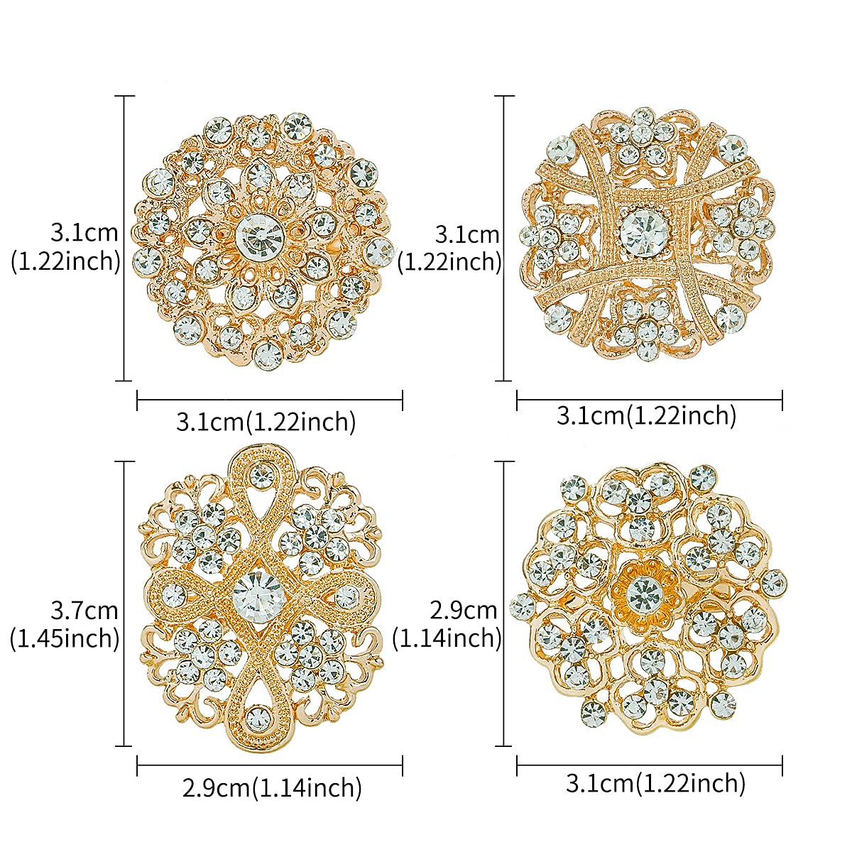 MEEDOZ Women's Gold Plated Lot 12pcs Assorted Crystal Rhinestone Flower Brooch Pin Set for DIY Bridal Wedding Bouquet Kit (Gold Tone)