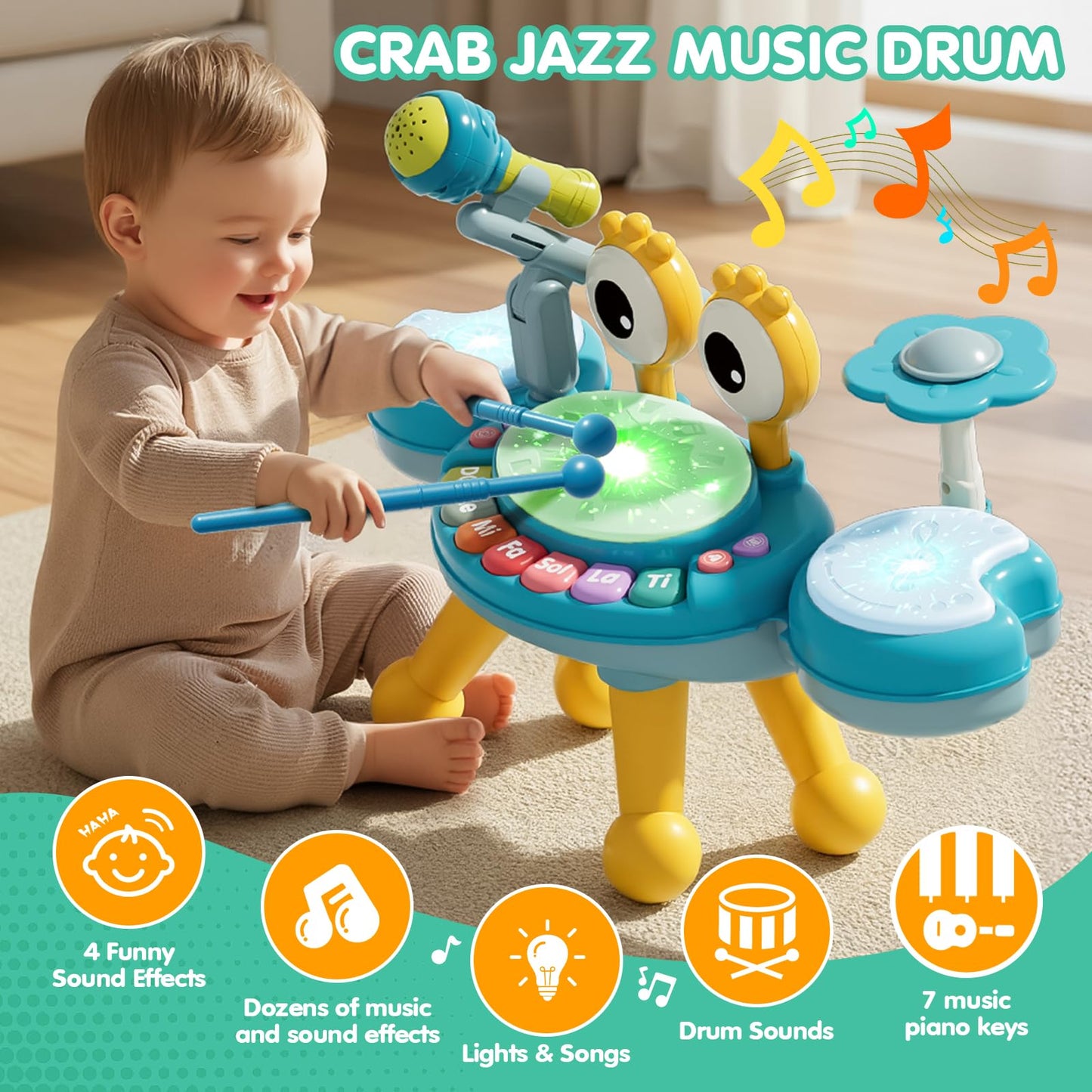 Toddler Drum Set for Kids 1-3, Baby Drum Set 1 Year Old with Light-Up Microphone, Musical Instruments Montessori Learning Toys for 6 9 12 18 Months, Birthday Gift for Boys Girls (BLUE)