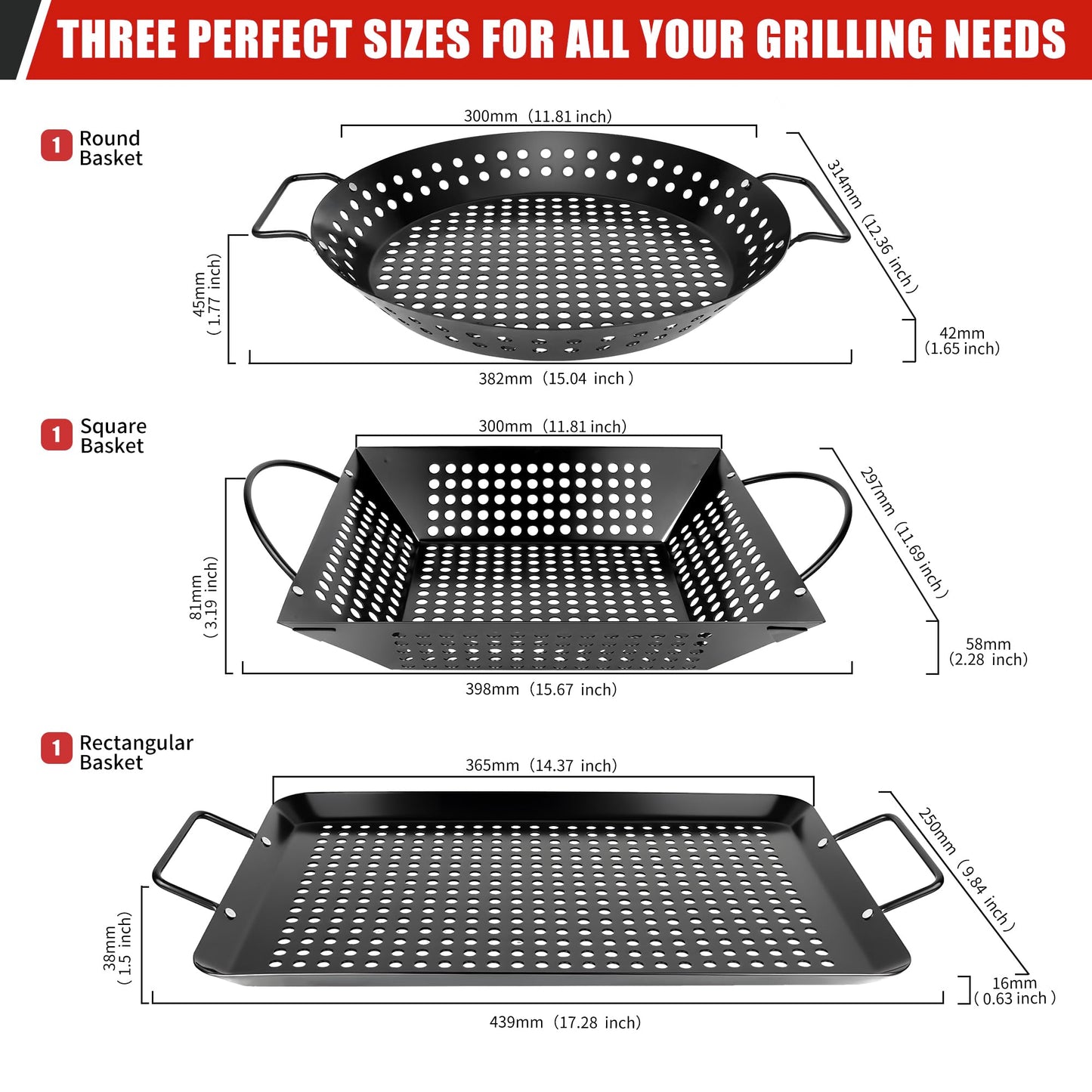 Qetumst Large 3 Piece Grill Basket Set for Outdoor Grill, Heavy Duty Veggie Grilling Pan with Riveted Handles, Warp Resistant Nonstick BBQ Accessories for Vegetables, Seafood & Meat