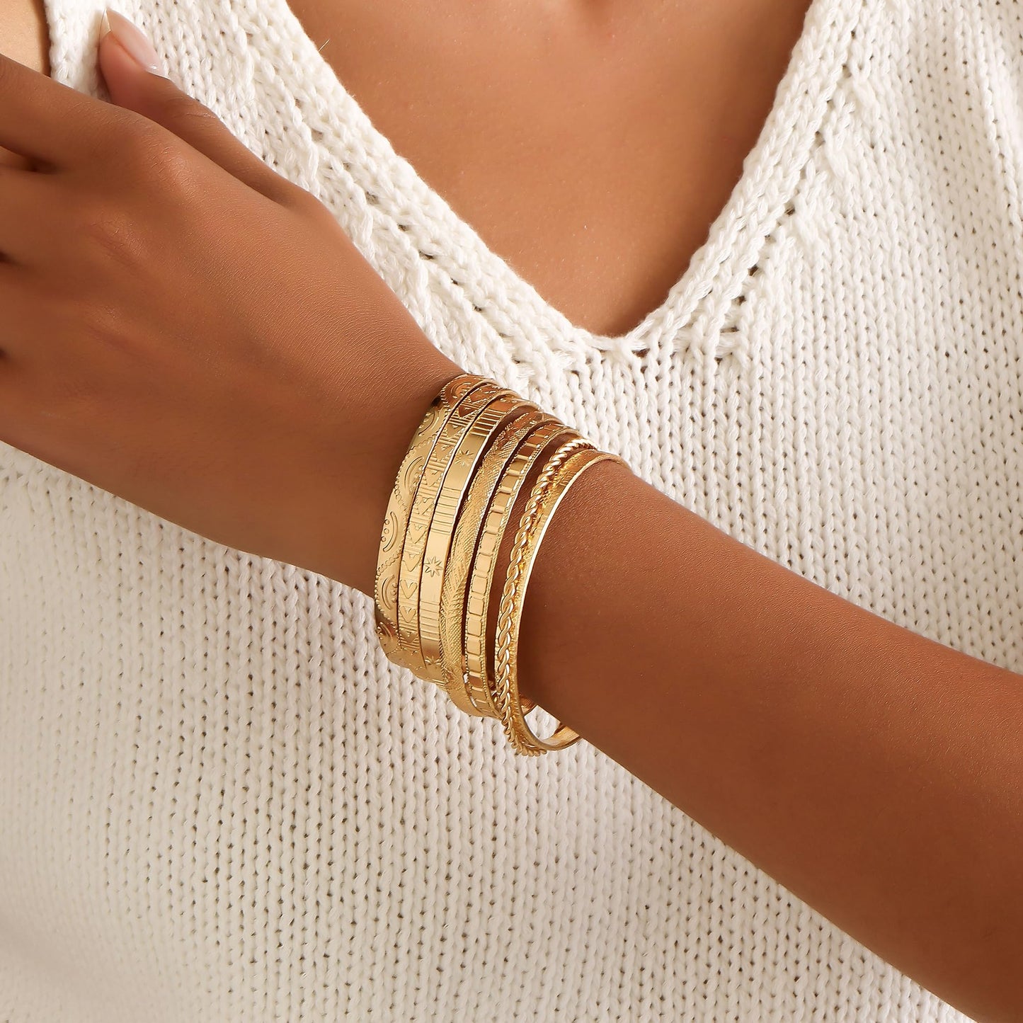 AYWFCBF Gold Bangles for Women, 14k Gold Plated Adjustable Open Cuff Stackable Bracelets Set Boho Jewelry for Women