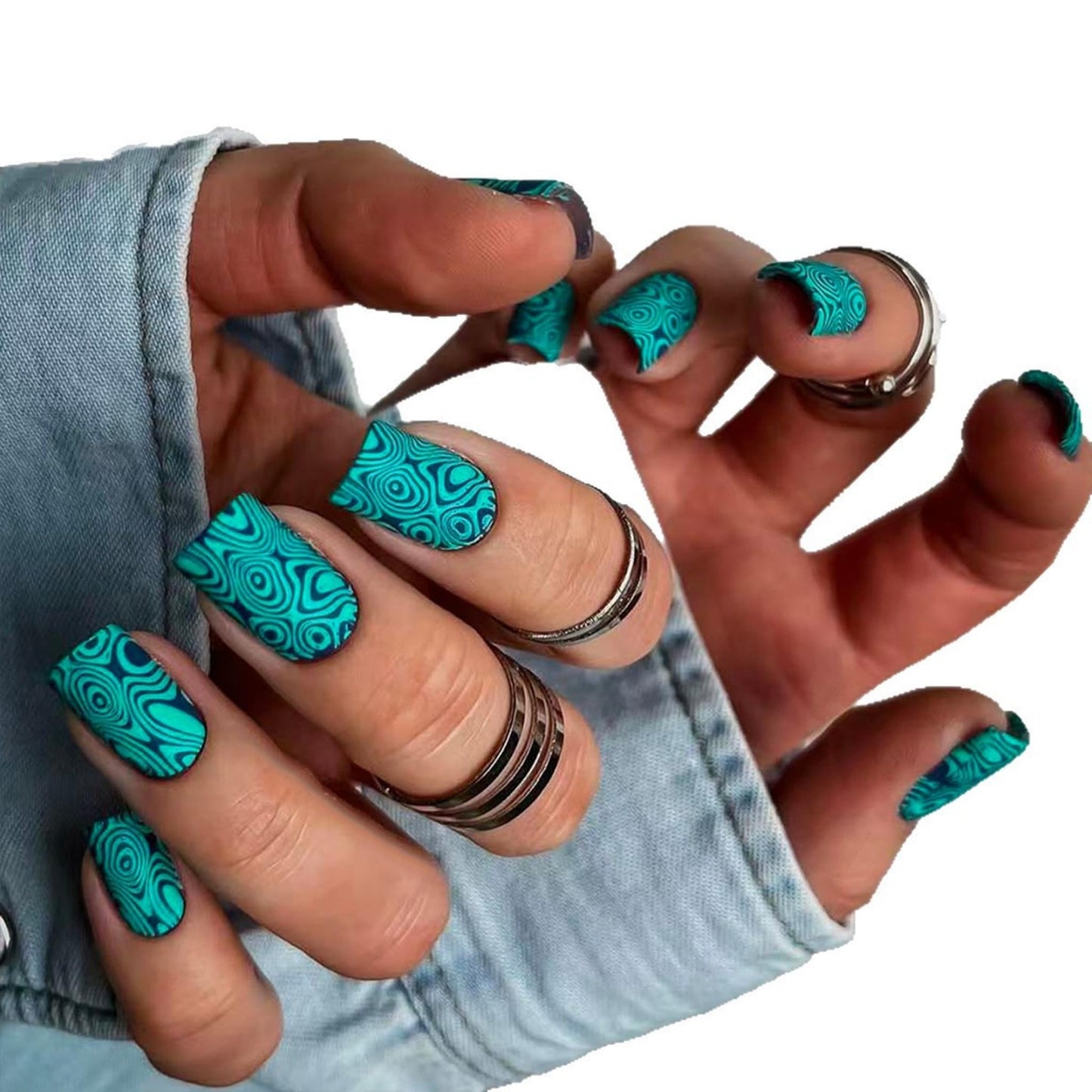 Medium Press on Nails Square Fake Nails Acrylic Nail Press Ons Seeneey Vintage Teal Swirl Design Waterproof Matte Stick on Nail for Women 24pcs