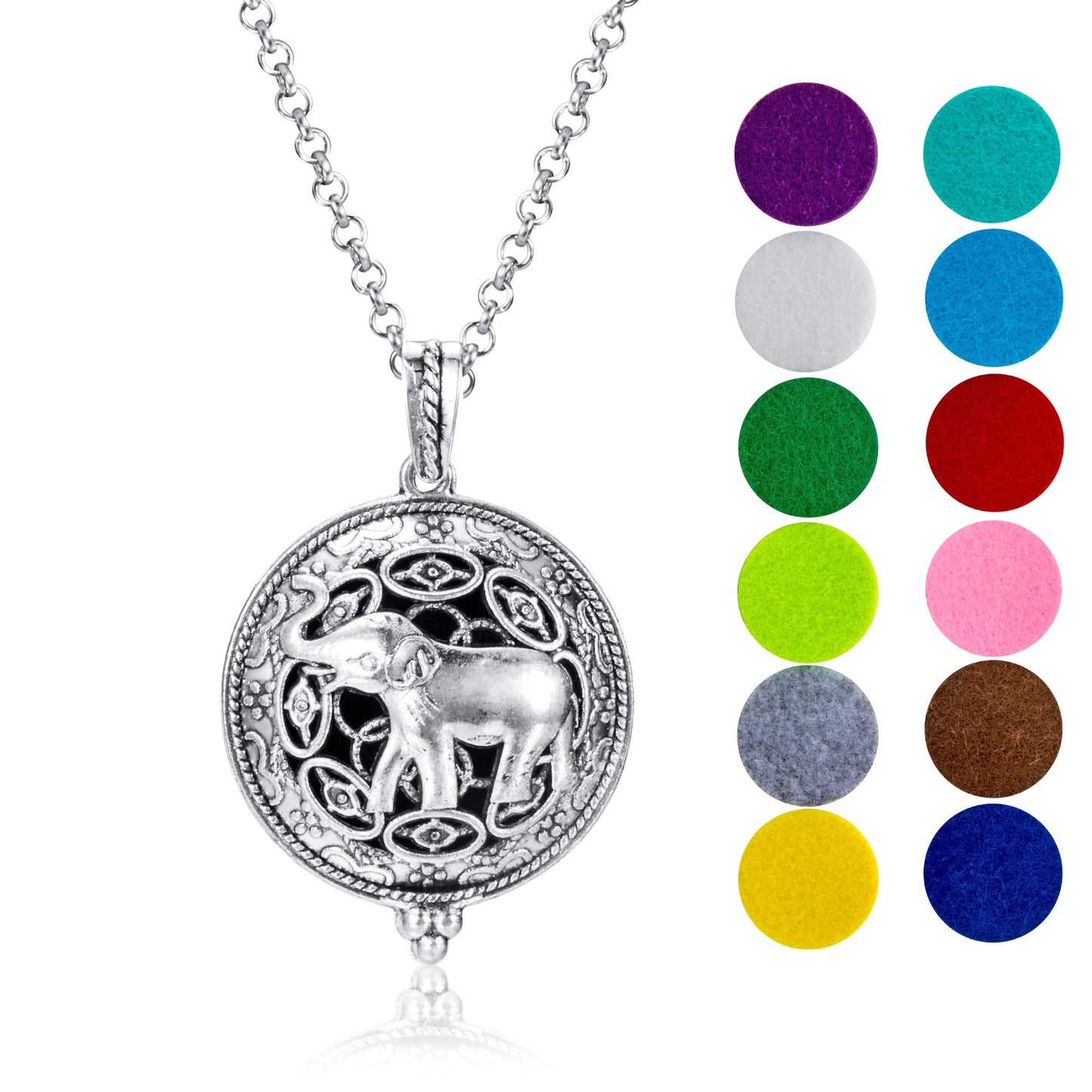 Wild Essentials Elephant Essential Oil Diffuser Nickel Free Alloy Locket Pendant with 24 inch Chain, 12 Color Refill Pads, Customizable Color Changing Perfume Jewelry for Aromatherapy