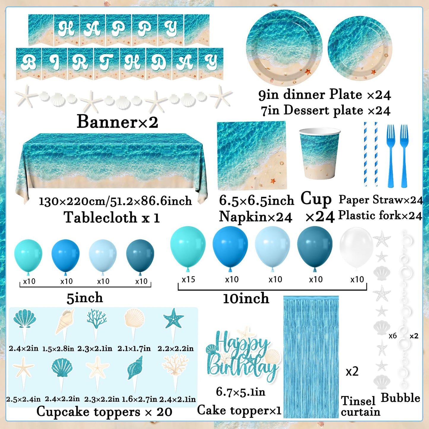 Beach Party Decorations, 273Pcs Ocean Waves Birthday Supplies Summer Pool Beach Birthday Party Decorations Tableware,Banner,Tablecloth,Starfish Bubble Garlands,Balloons,Cake Topper,Fringe Curtains