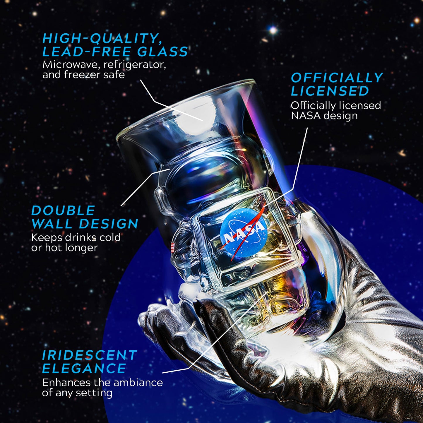 NASA Astronaut Glasses - 7 oz Set of 2 Double Wall Iridescent Drinkware with NASA symbol and Artemis Patch - Unique Glassware for Space Enthusiasts - Keeps Drinks Cold Longer