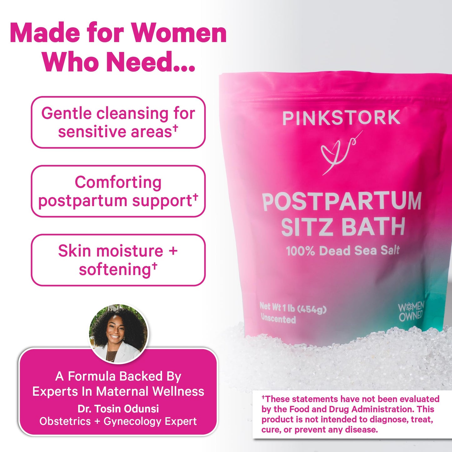 Pink Stork Postpartum Sitz Bath Soak: Dead Sea Salt for Perineal Care & Cleansing, Postpartum Recovery, Labor and Delivery Essentials, Women-Owned, Unscented, 16 oz