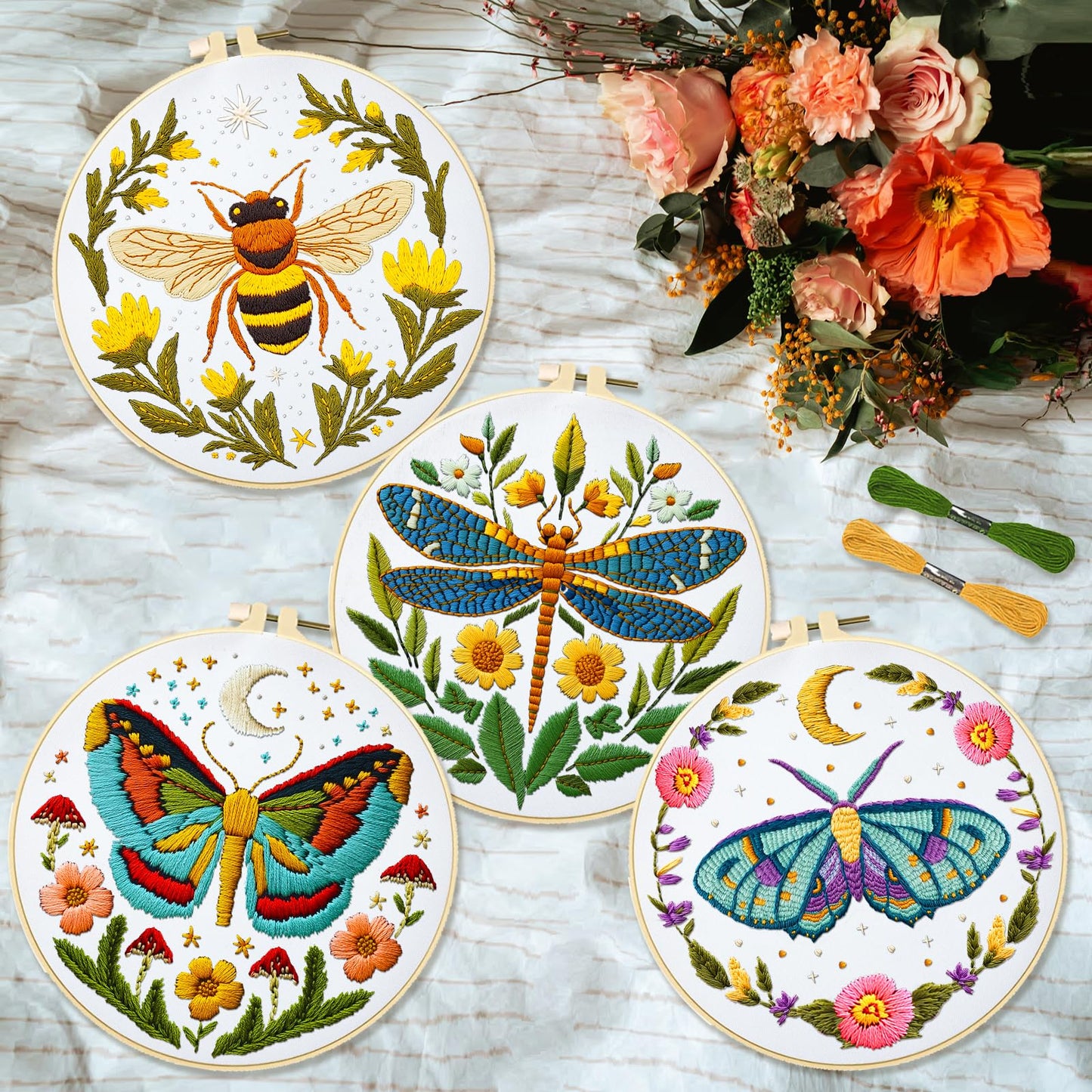 INFUNLY 4 Sets DIY Insect Pattern Embroidery Kits for Starter 11.8"×11.8" Flowers Plants Embroidery Hoop kit Handmade Bees Embroidery Kits Moth Needlepoint Kit with Instruction for Adults Beginners