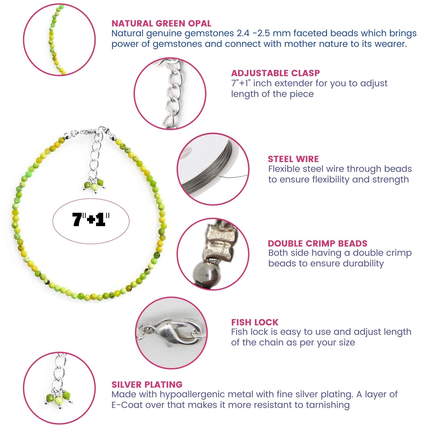 Gempires Green Opal Bracelet for Women | Dainty Handmade Gemstone Beads 2.5 mm | Minimalist Stacking Jewelry | Lightweight Everyday Bracelet | Thoughtful Gift for Her