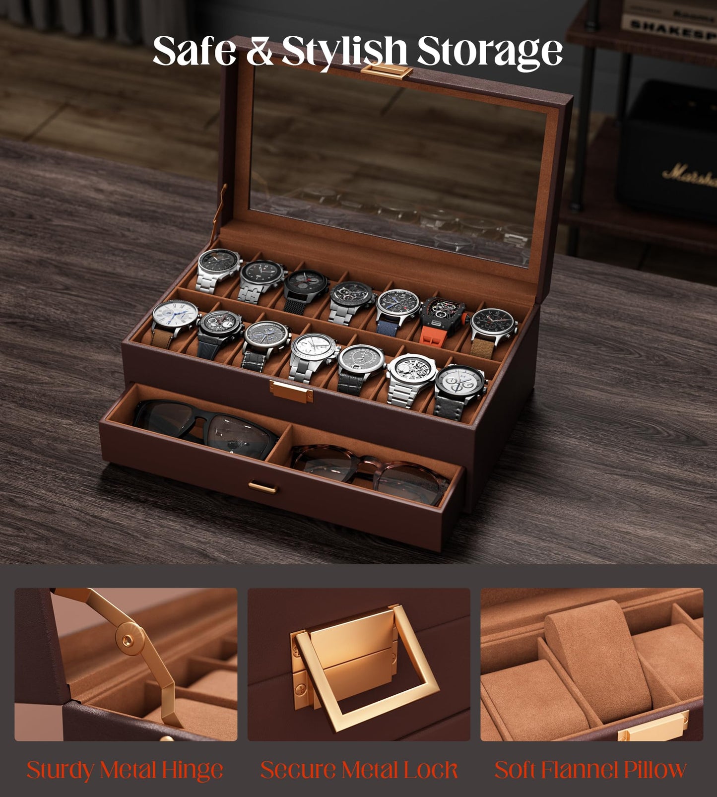 sensok Watch Case Box for Men – 14 Slots Watch Display Organizer with 6-Compartment Eyeglasses Storage, Real Glass Lid 2-Layer PU Leather Collection Holder Gift for Loved Ones Brown