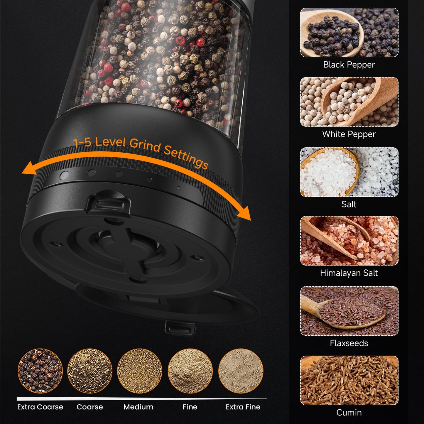 Electric Salt and Pepper Grinder Set,2 Pack Rechargeable Automatic Pepper Mill,with Charging Base,5 Level,Display,LED Lighting,Large Capacity,Kitchen Gift (2, Stainless steel, Charging Base)